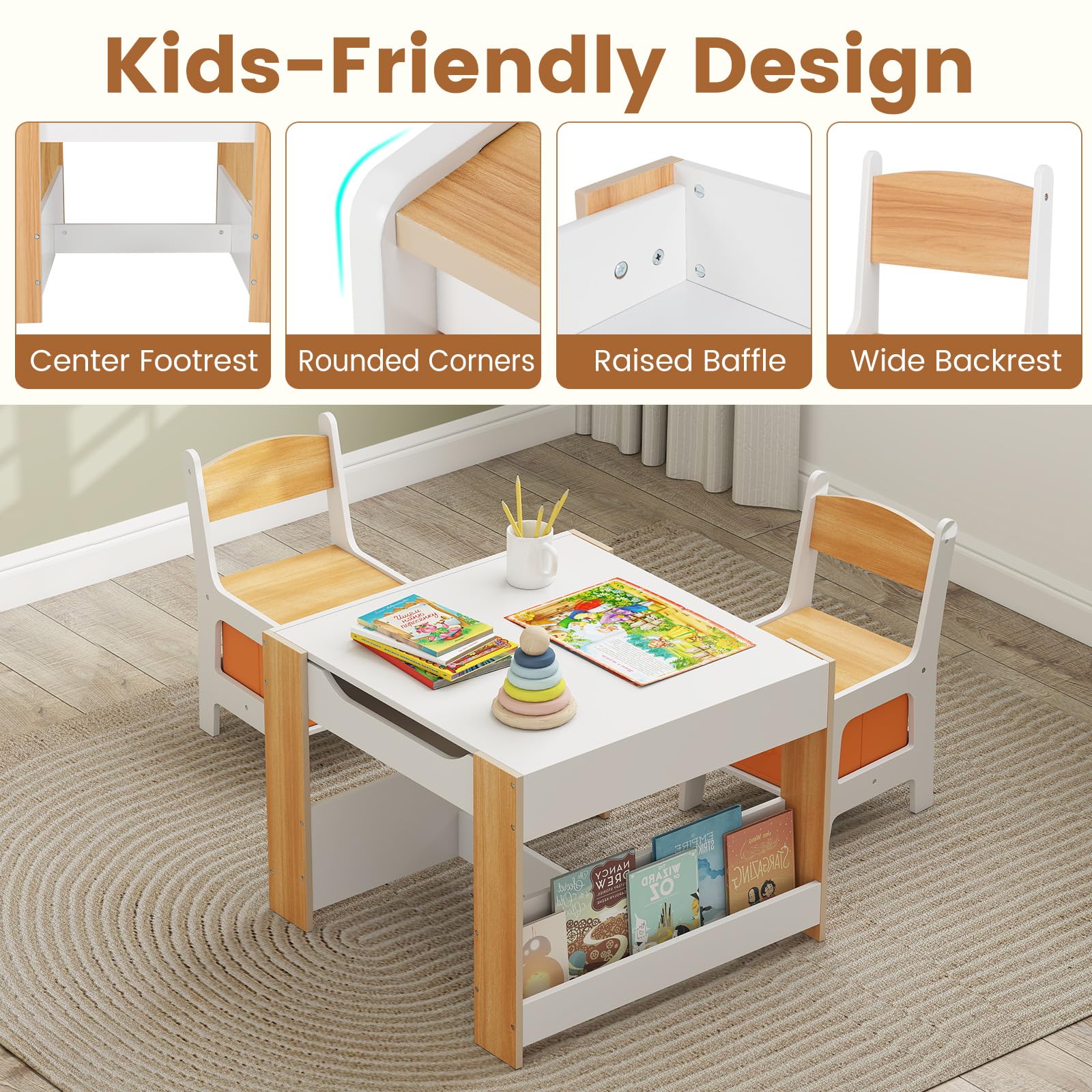 INFANS Kids Table and Chair Set, 4 in 1 Building Block Wooden Activity Desk with Reversible Tabletop for Toddlers