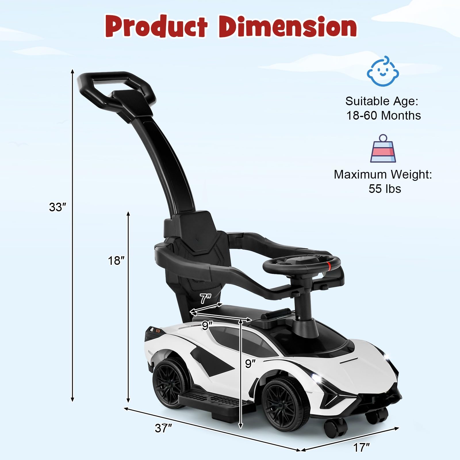 INFANS 3 in 1 Ride on Push Car, Licensed Lamborghini Baby Stroller Sliding Walking Car with Push Handle