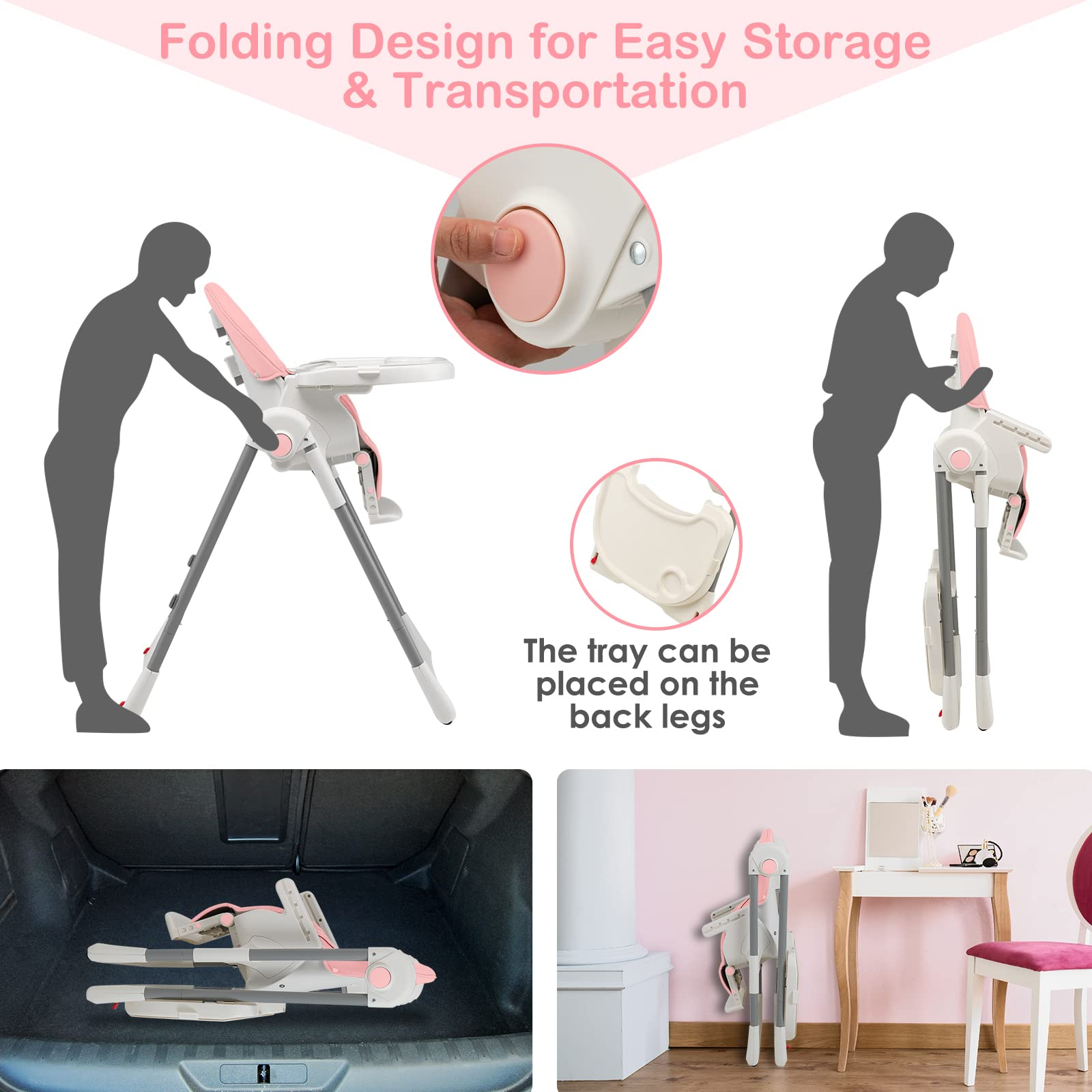 INFANS High Chair for Babies and Toddlers, Foldable Highchair with 7 Different Heights 4 Reclining Backrest Seat 3 Setting Footrest INFANS