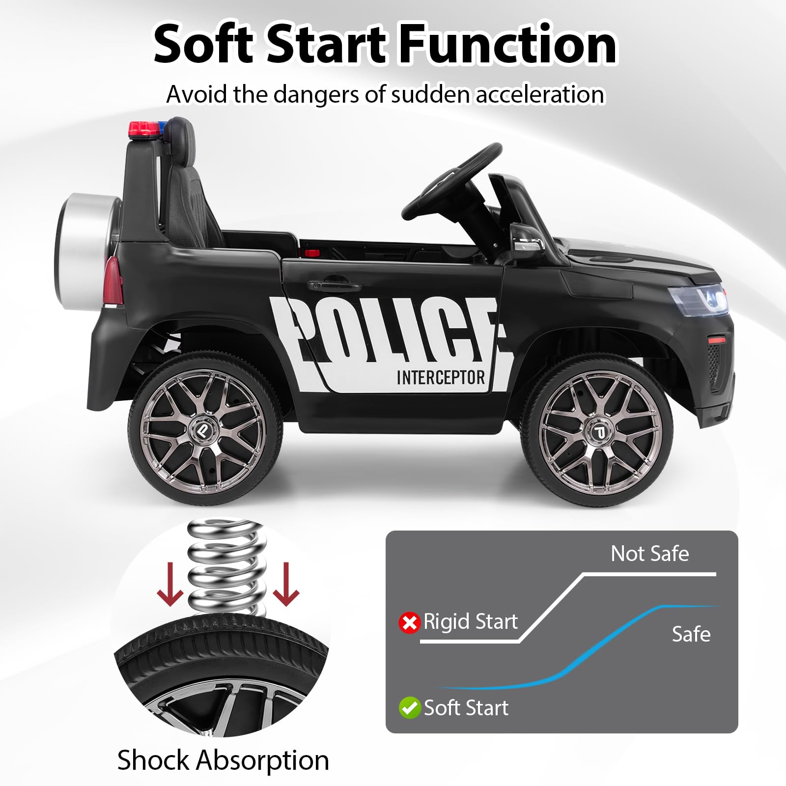 INFANS Ride on Police Car, 12V Kids Battery Powered Electric Vehicle with Siren, Flashing Lights, Bluetooth, Power Display