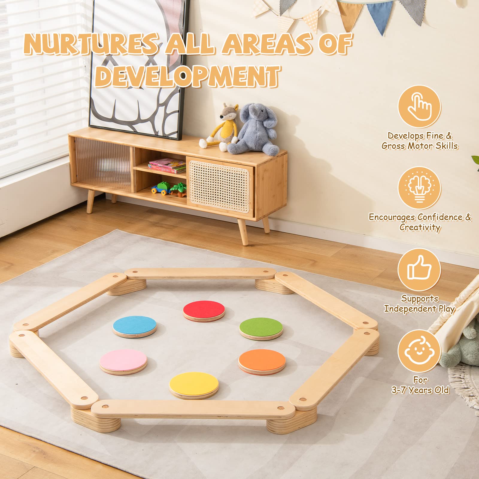 INFANS Montessori Wooden Balance Beam Stepping Stones for Kids, 12 Piece Obstacle Course for Playroom