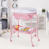 INFANS 2 in 1 Baby Changing Table with Bath Tub Unit, Folding Diaper Dresser Station with Wheels Waterproof Pad