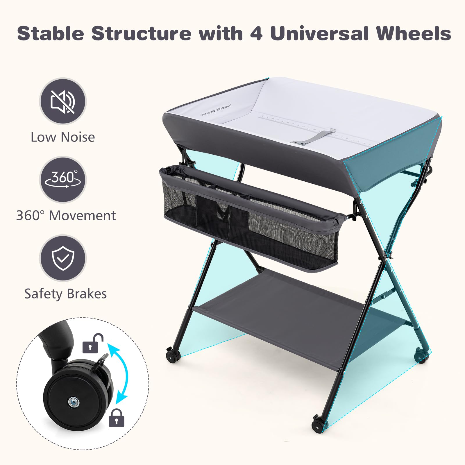 INFANS Baby Changing Table with Wheels, Portable Folding Diaper Station Nursery Organizer with Adjustable Height
