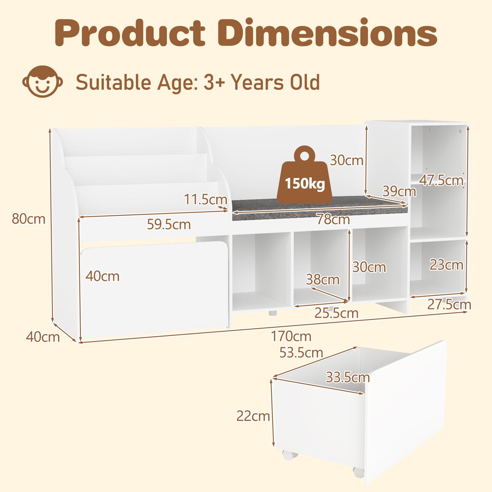 Kids Bookshelf Toy Storage Organizer with Reading Nook Seat Cushion