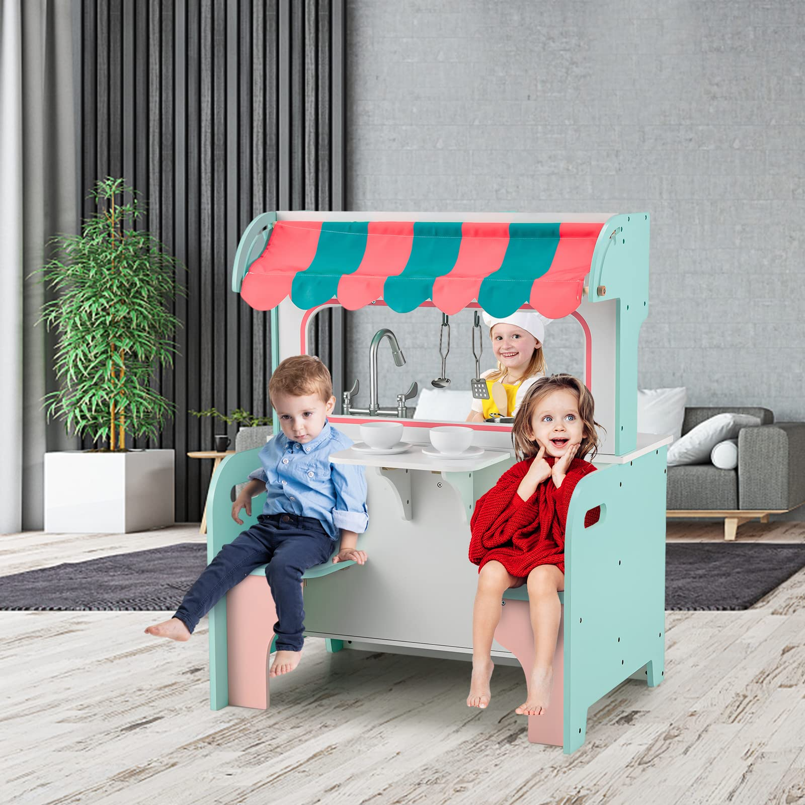 INFANS 2 in 1 Kids Play Kitchen and Restaurant, Double Sided Toddler Wooden Pretend Cooking Set