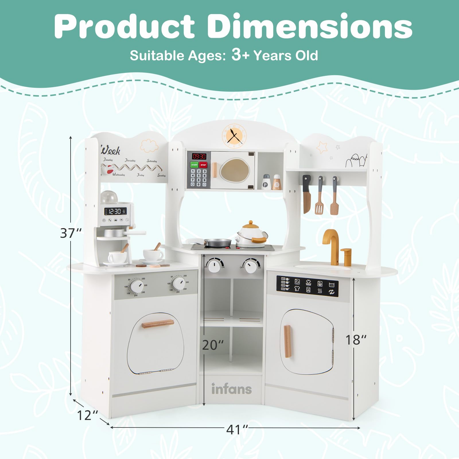 INFANS Corner Kids Kitchen Playset, Toddler Wooden Pretend Cooking Set with Lights Sounds Coffee Machine Washing Machine