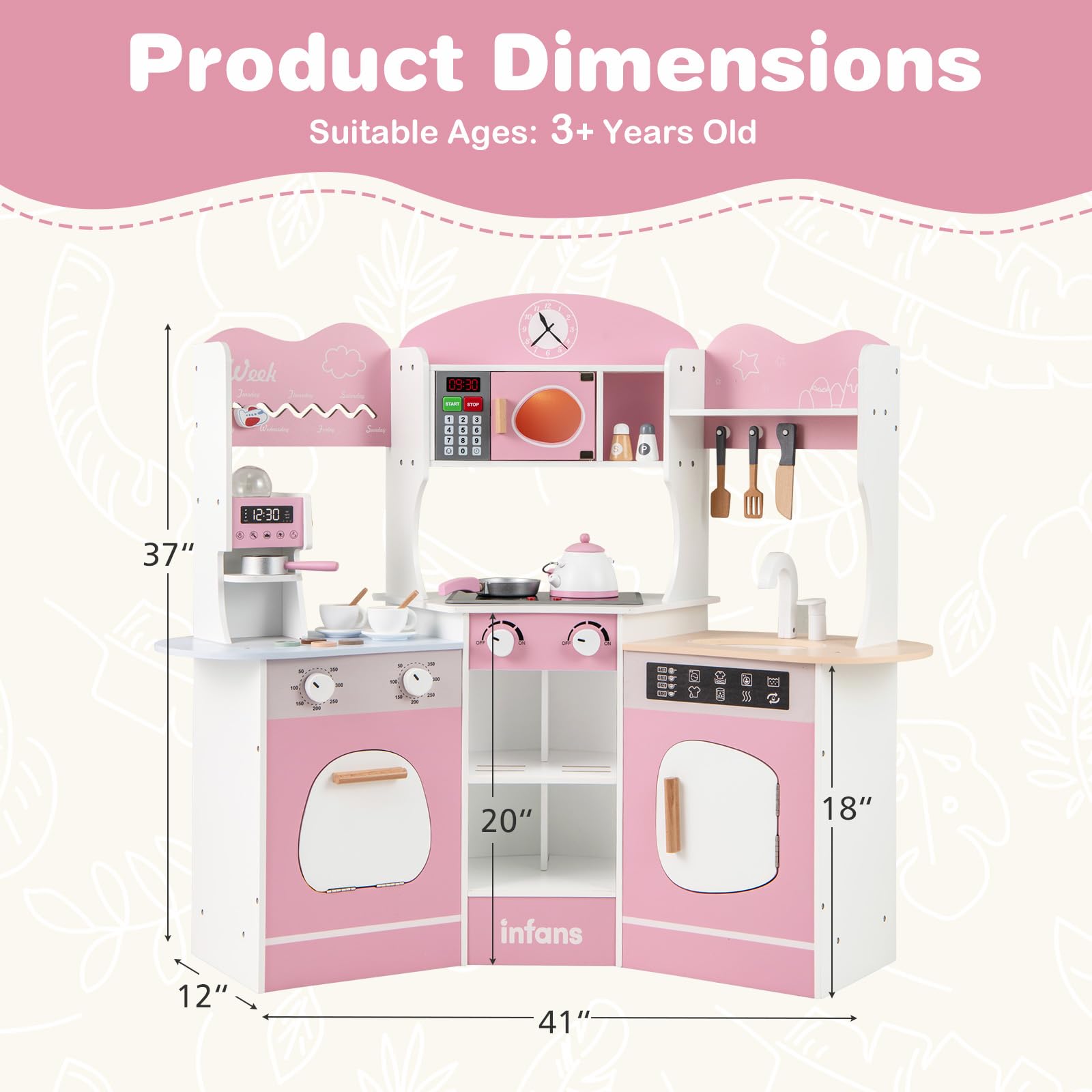 INFANS Corner Kids Kitchen Playset, Toddler Wooden Pretend Cooking Set with Lights Sounds Coffee Machine Washing Machine