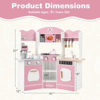INFANS Corner Kids Kitchen Playset, Toddler Wooden Pretend Cooking Set with Lights Sounds Coffee Machine Washing Machine