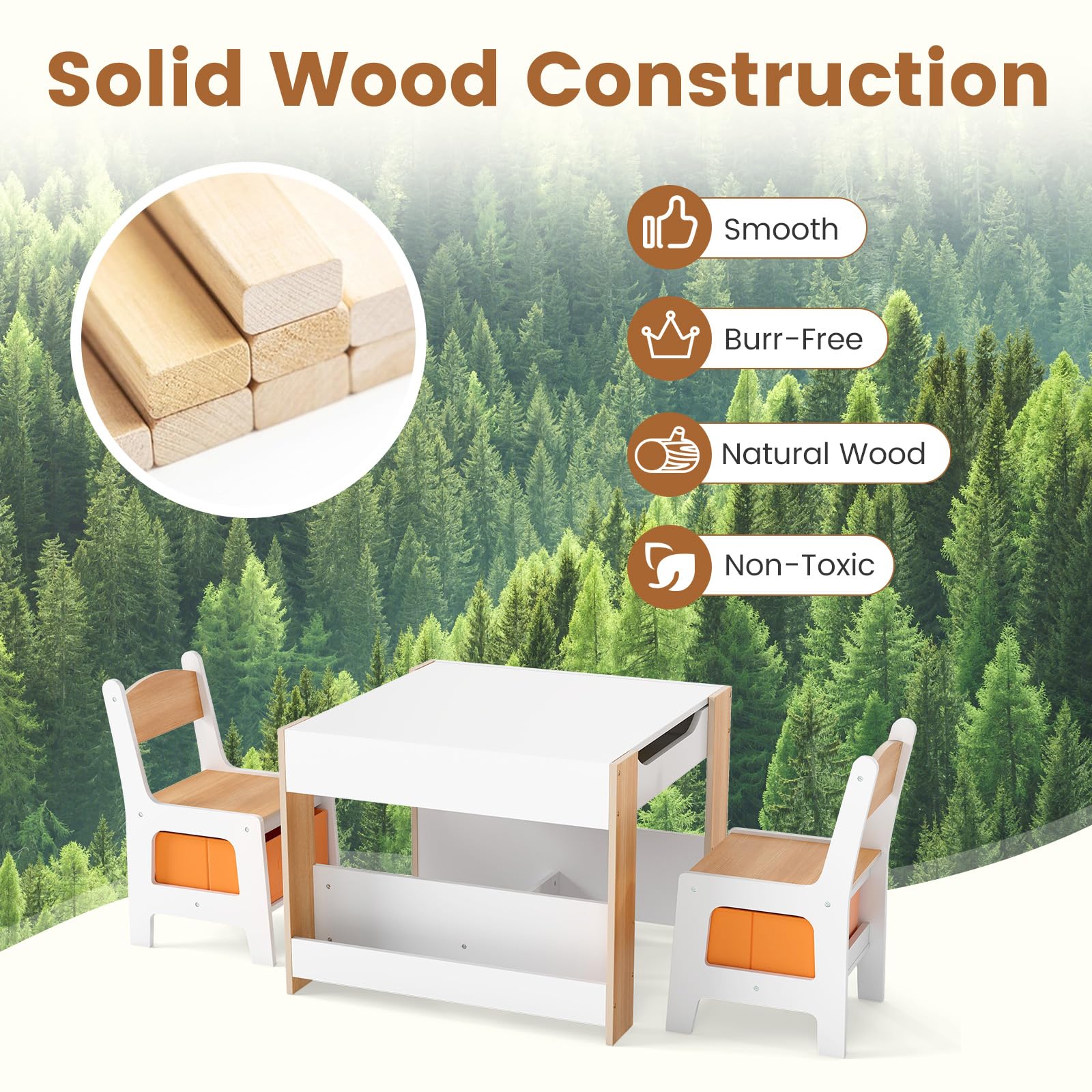 INFANS Kids Table and Chair Set, 4 in 1 Building Block Wooden Activity Desk with Reversible Tabletop for Toddlers