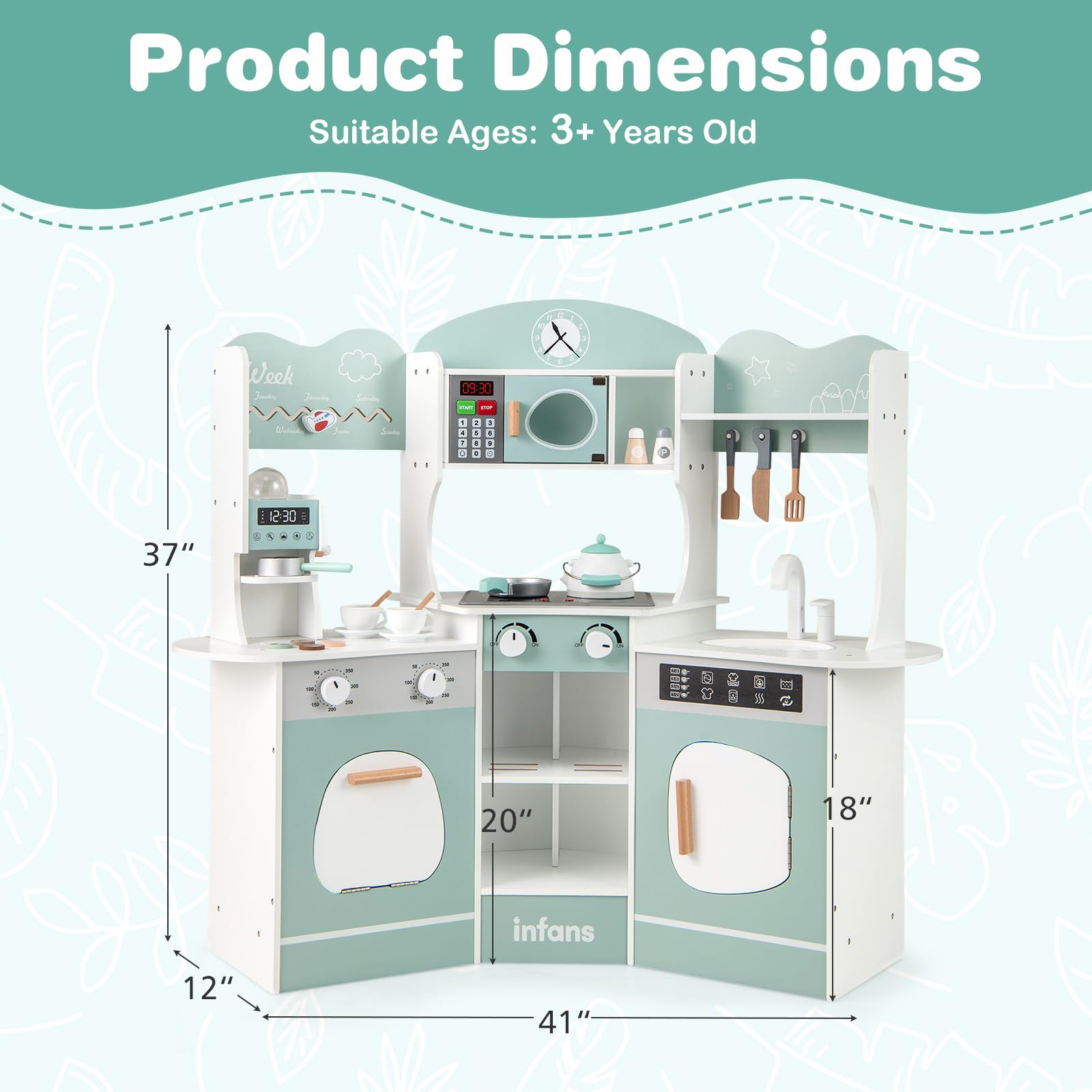INFANS Corner Kids Kitchen Playset, Toddler Wooden Pretend Cooking Set with Lights Sounds Coffee Machine Washing Machine