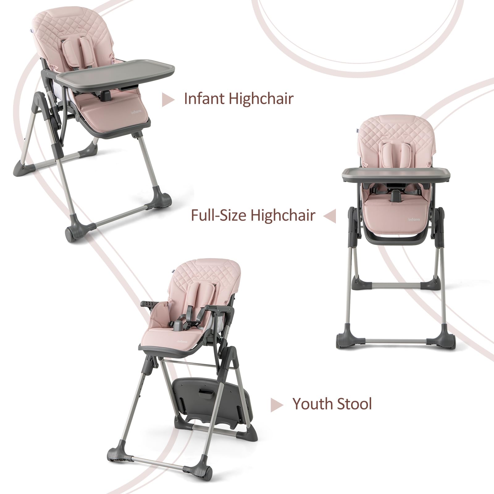 INFANS Baby High Chair, Convertible Quick Folding Portable Highchair for Babies with Wheels Removable Tray