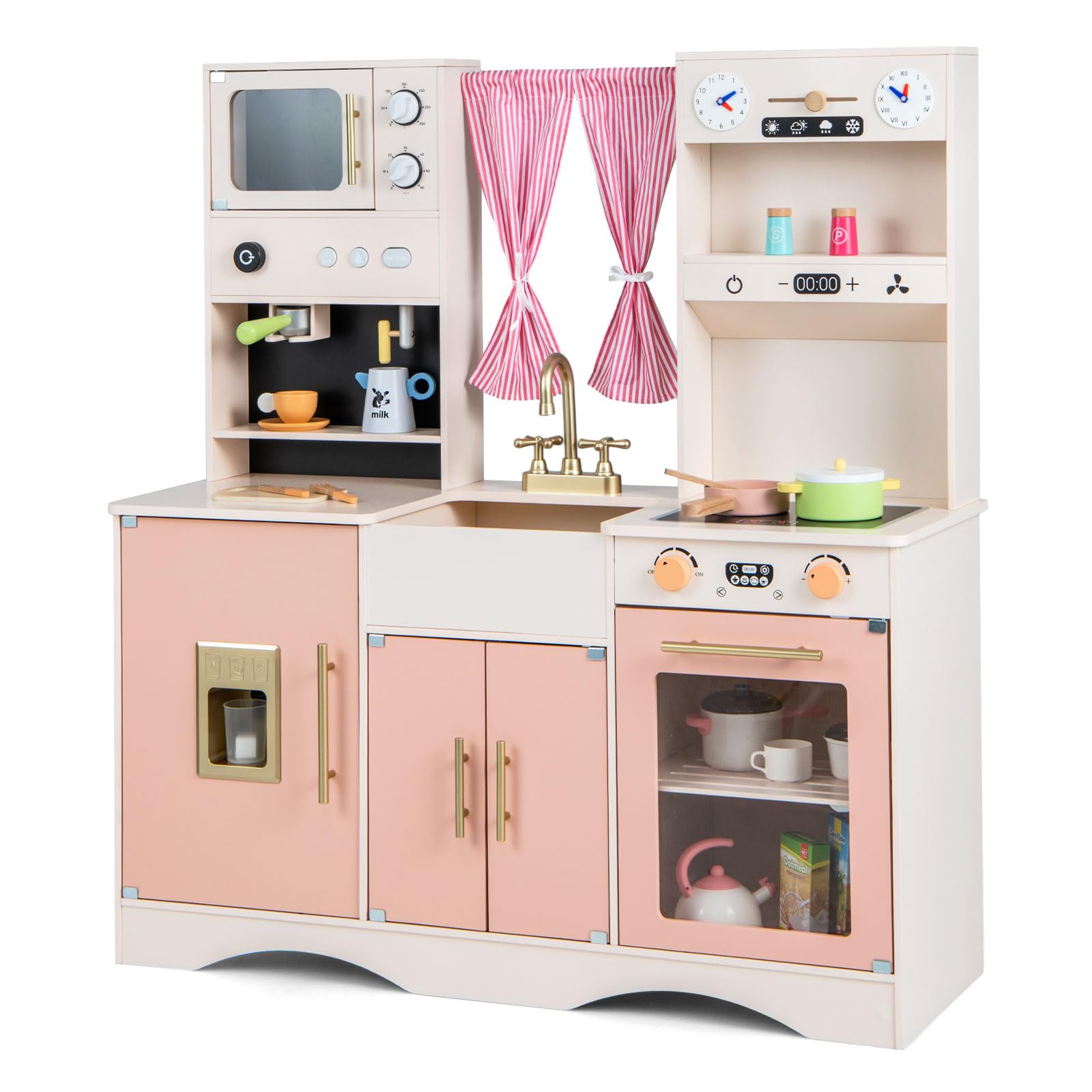 INFANS Kids Kitchen Playset Cooking Toy Kitchen Set with Coffee Machine Stove Removable Sink Microwave Storage Cabinet
