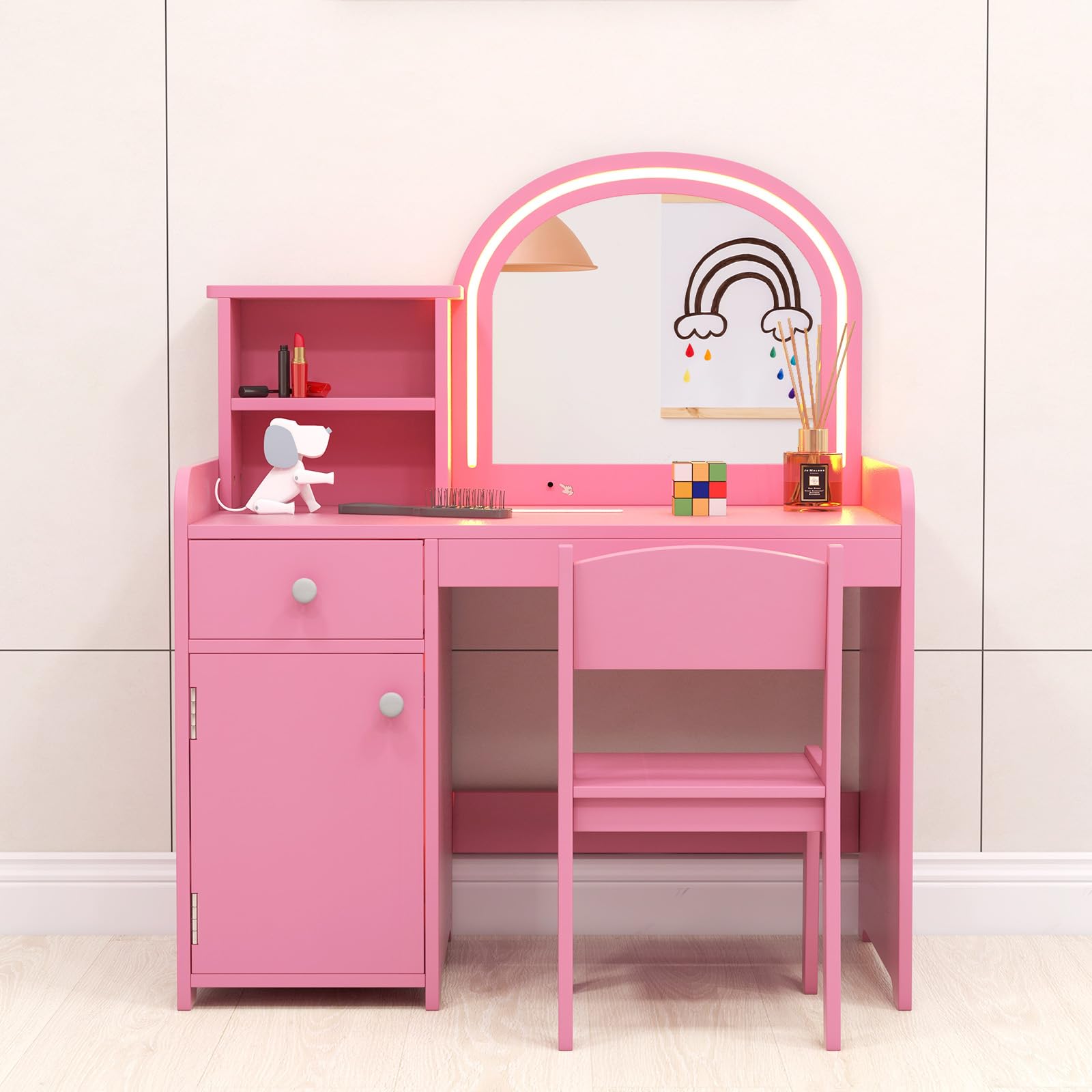 INFANS Kids Vanity, Princess Makeup Desk and Chair Set with Lights Mirror, Pretend Play Vanity Set for Toddler Girls