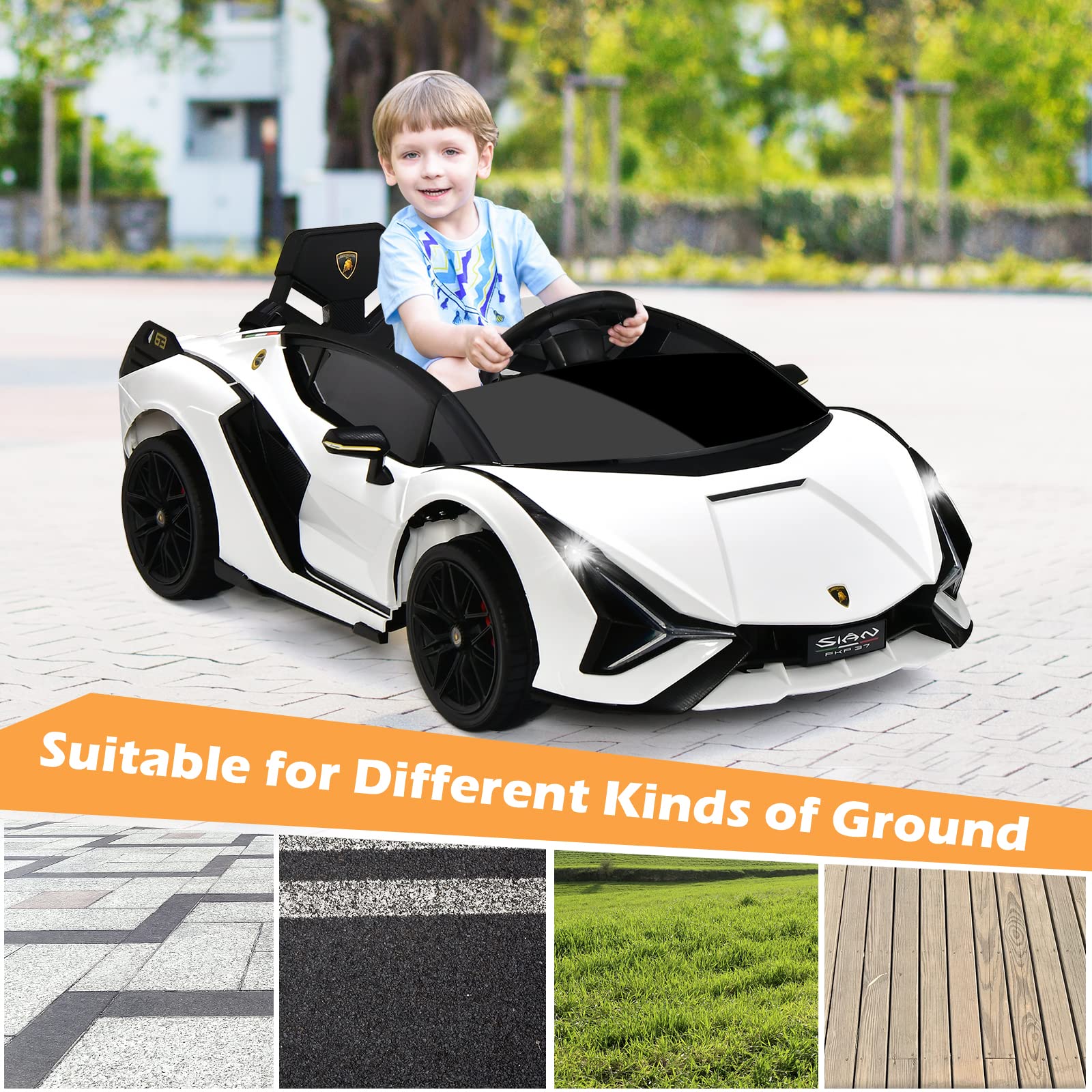 INFANS 12V Licensed Lamborghini Sian Kids Ride on Car with Parent Remote Control, Electric Toy Roadster Carbon Fiber Textured