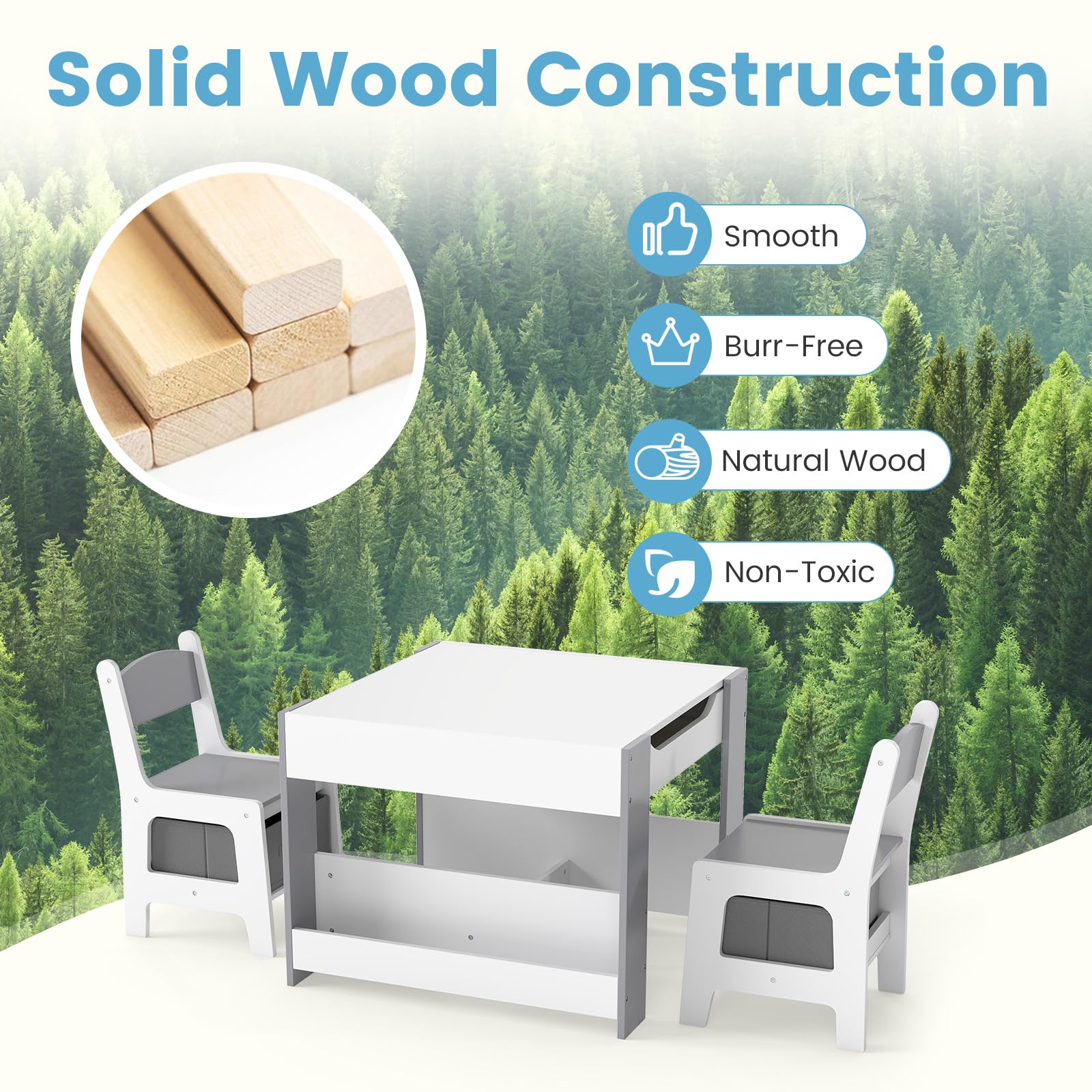 INFANS Kids Table and Chair Set, 4 in 1 Building Block Wooden Activity Desk with Reversible Tabletop for Toddlers