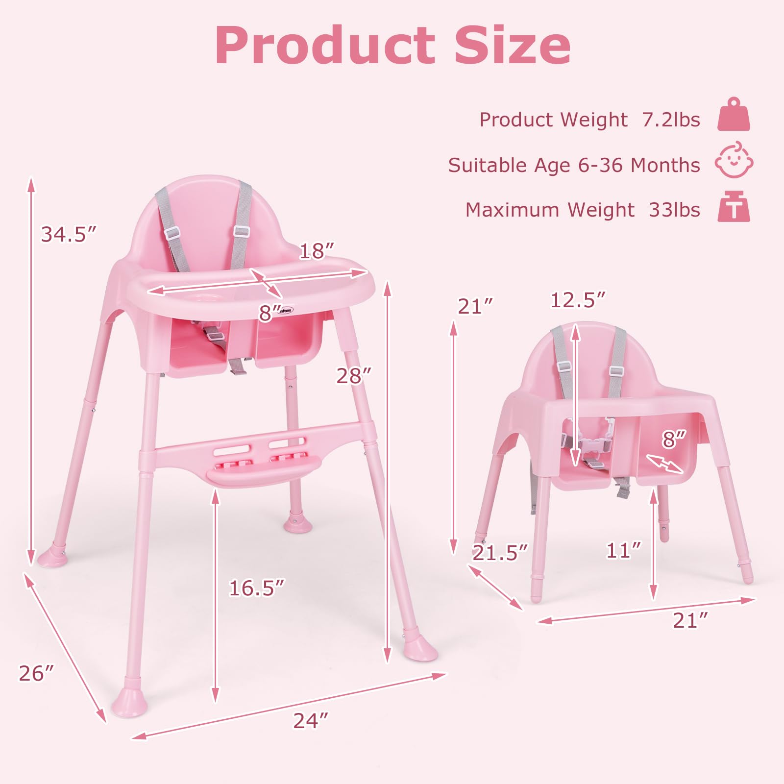 INFANS 4 in 1 Baby High Chair, Convertible Highchair for Babies and Toddlers, Infant Feeding Highchairs with Removable Tray Adjustable Footrest