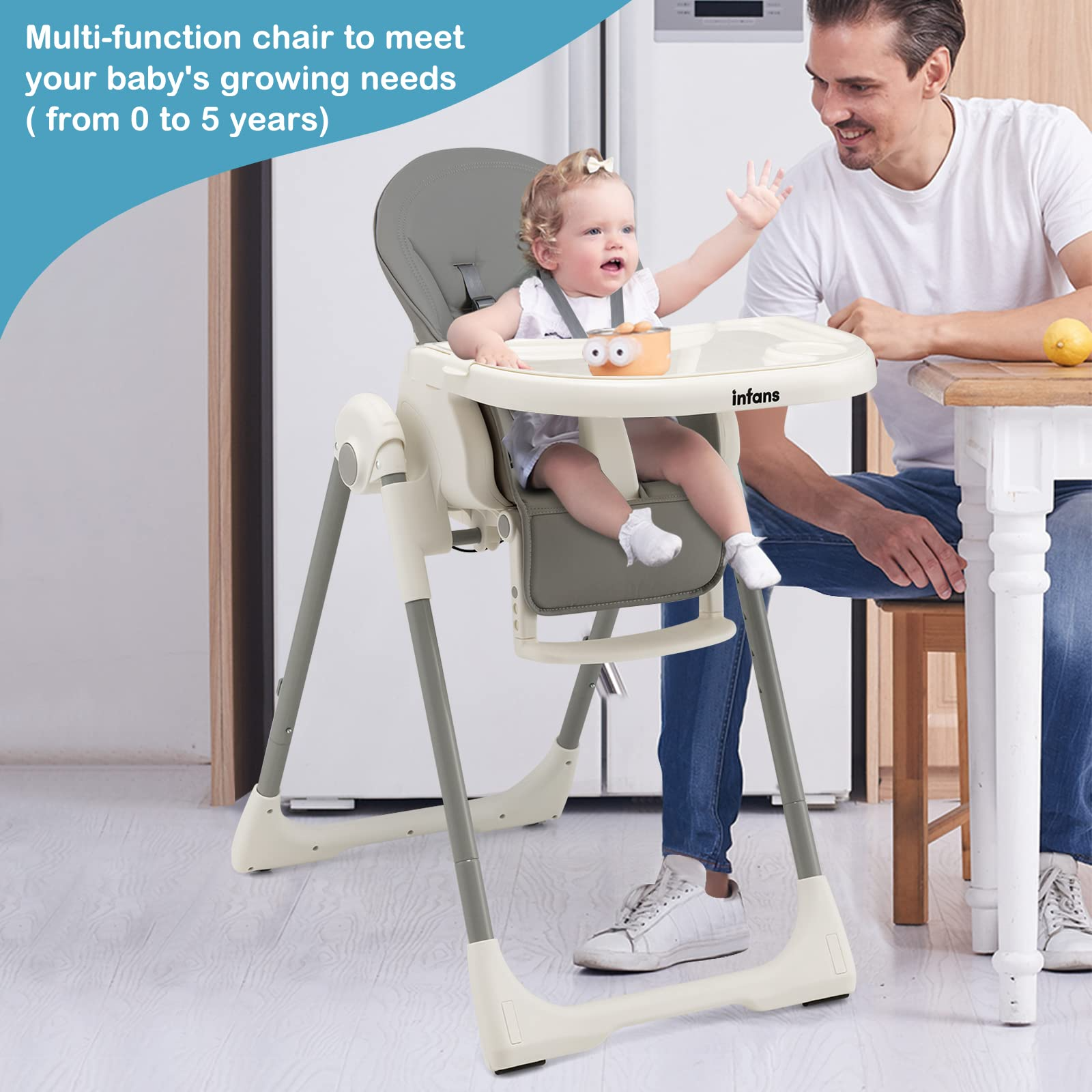 INFANS High Chair for Babies and Toddlers, Foldable Highchair with 7 Different Heights 4 Reclining Backrest Seat 3 Setting Footrest INFANS