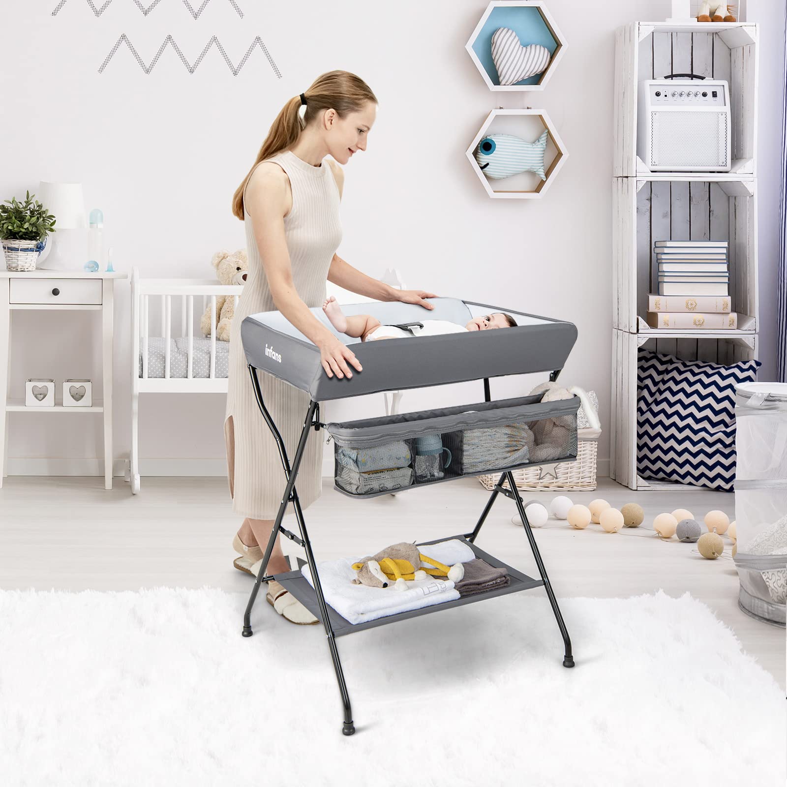 INFANS Baby Changing Table, Folding Diaper Station Portable Nursery Organizer with Safety Belt and Storage Racks