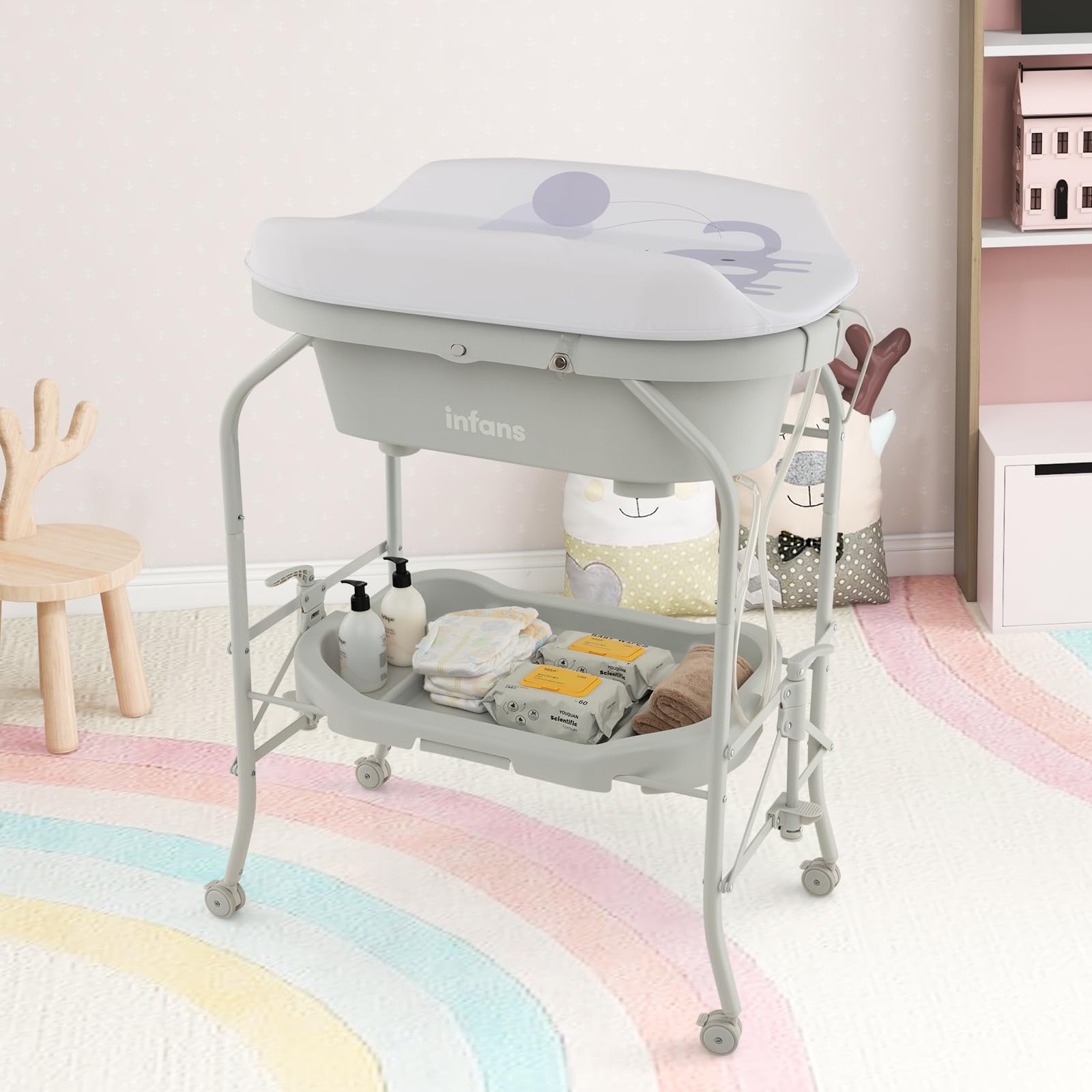 INFANS 2 in 1 Baby Changing Table with Bath Tub Unit, Folding Diaper Dresser Station with Wheels Waterproof Pad