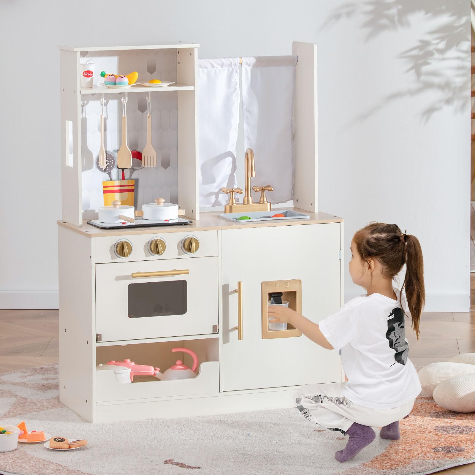 INFANS Kid Kitchen Playset, Toddler Wooden Pretend Cooking Set with Realistic Light & Sound, Stove, Microwave