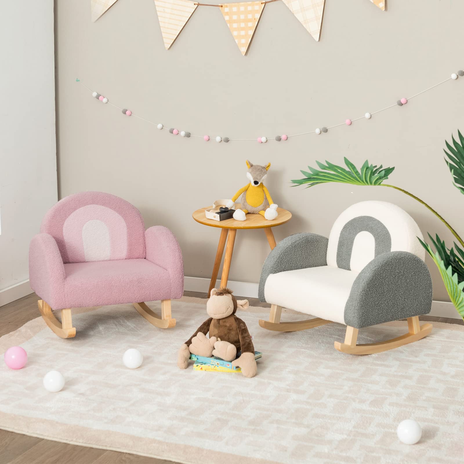INFANS Kids Sofa, Toddler Rocking Chair with Solid Wooden Frame, Anti-Tipping Design, Plush Fabric, Children Armchair