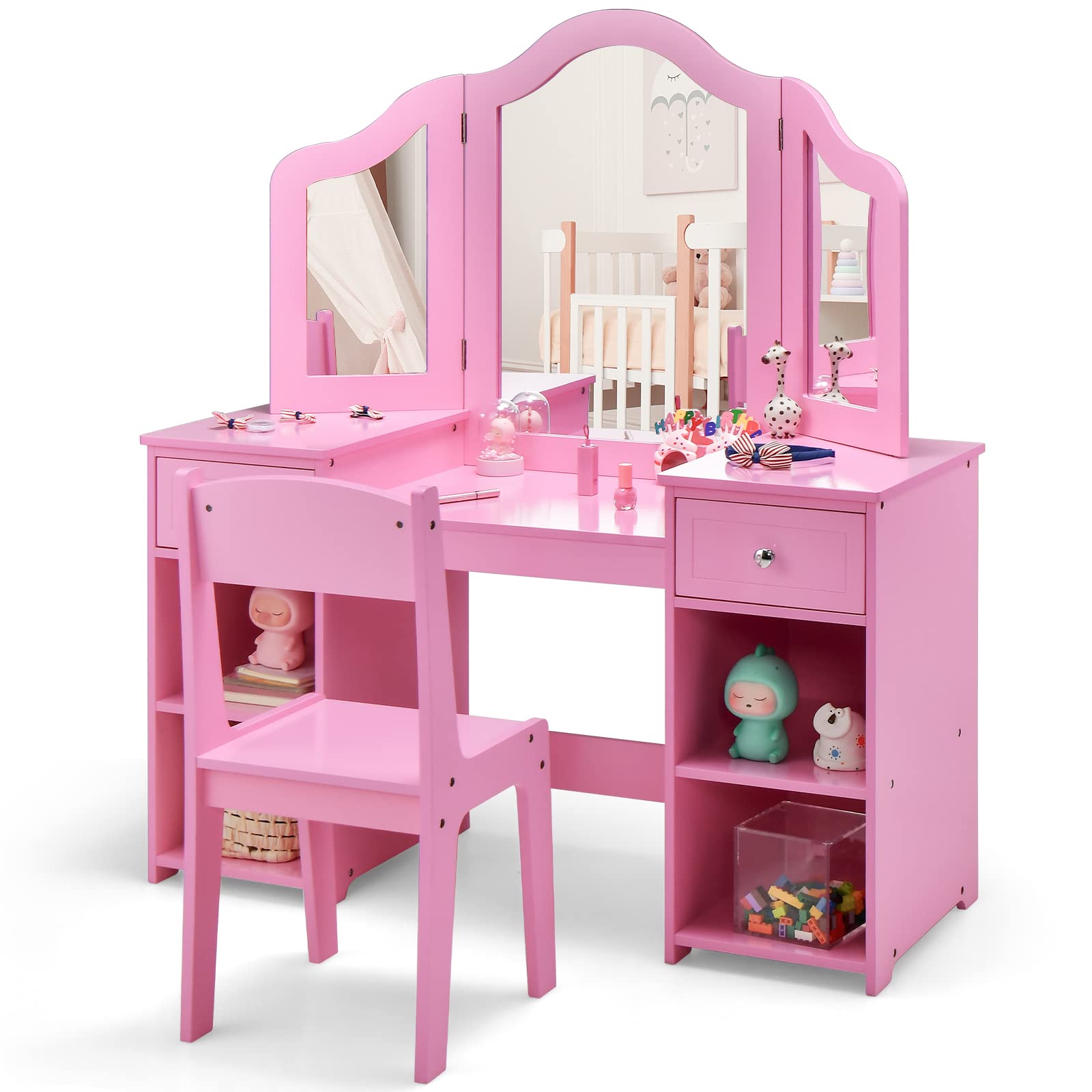 INFANS Kids Vanity, 2 in 1 Princess Makeup Desk and Chair Set with Drawers Tri-Folding Detachable Mirror Large Storage Shelves