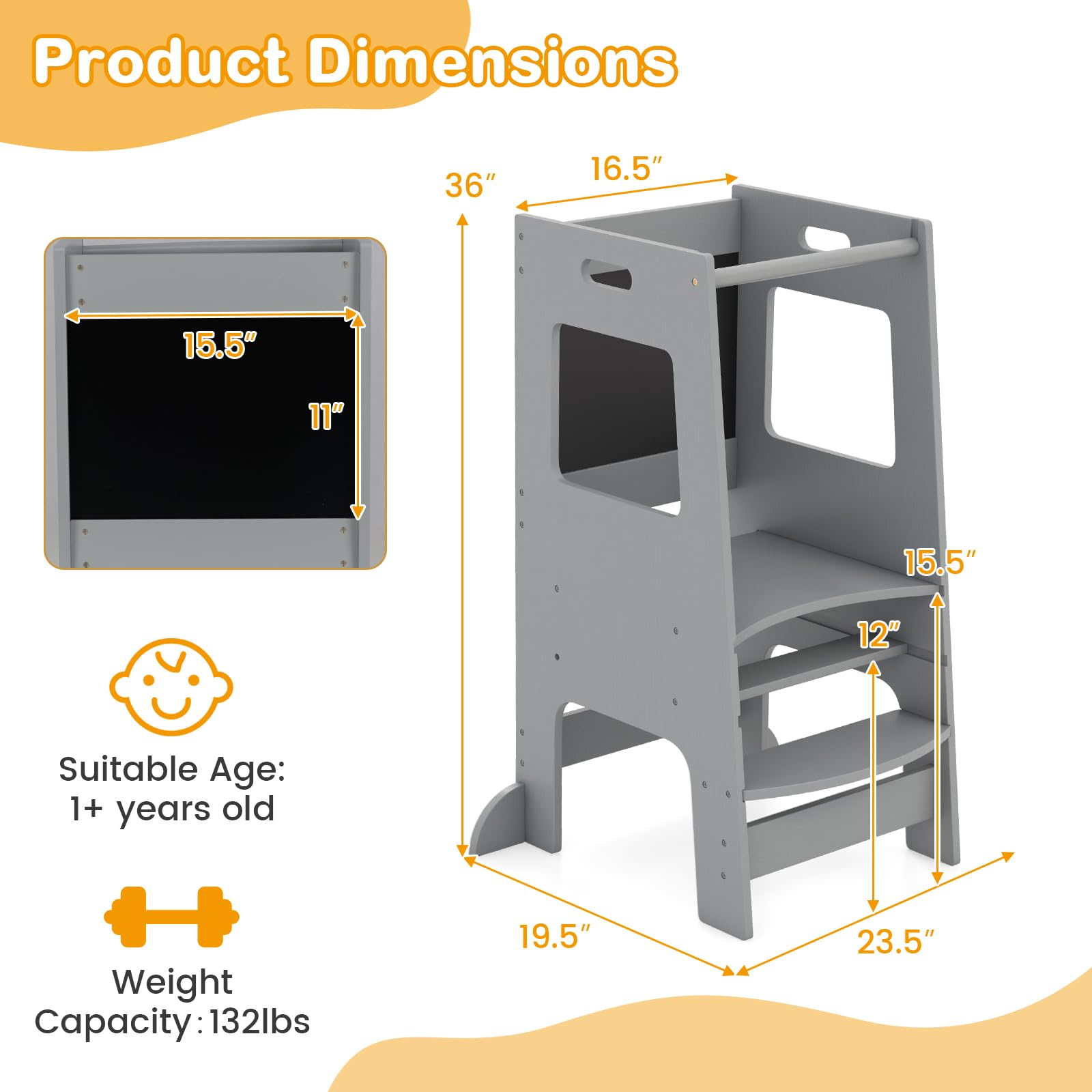 INFANS Toddler Standing Tower, Kids Montessori Kitchen Step Stool Helper with 2 Adjustable Height Learning Blackboard Safety Rail