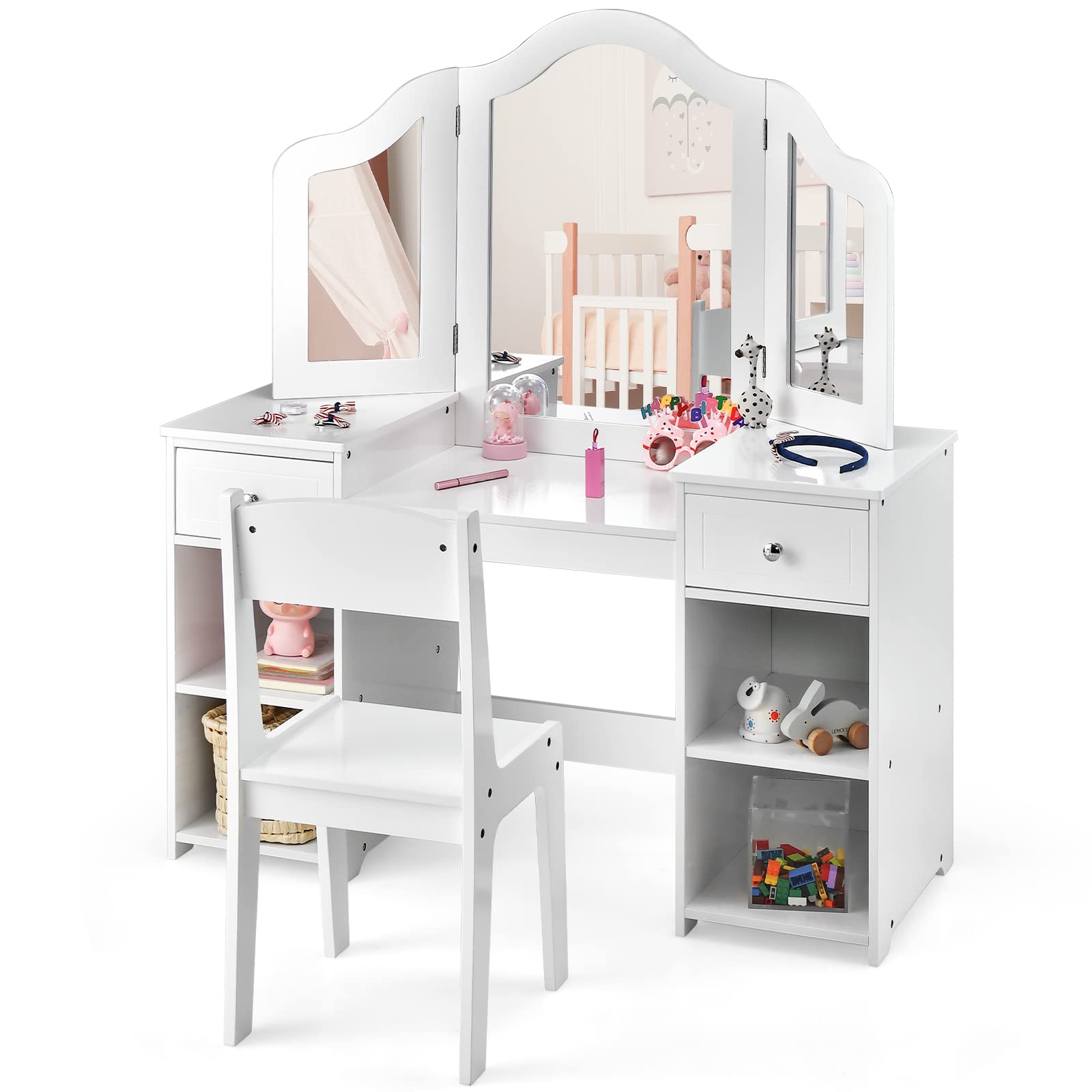 INFANS Kids Vanity, 2 in 1 Princess Makeup Desk and Chair Set with Drawers Tri-Folding Detachable Mirror Large Storage Shelves