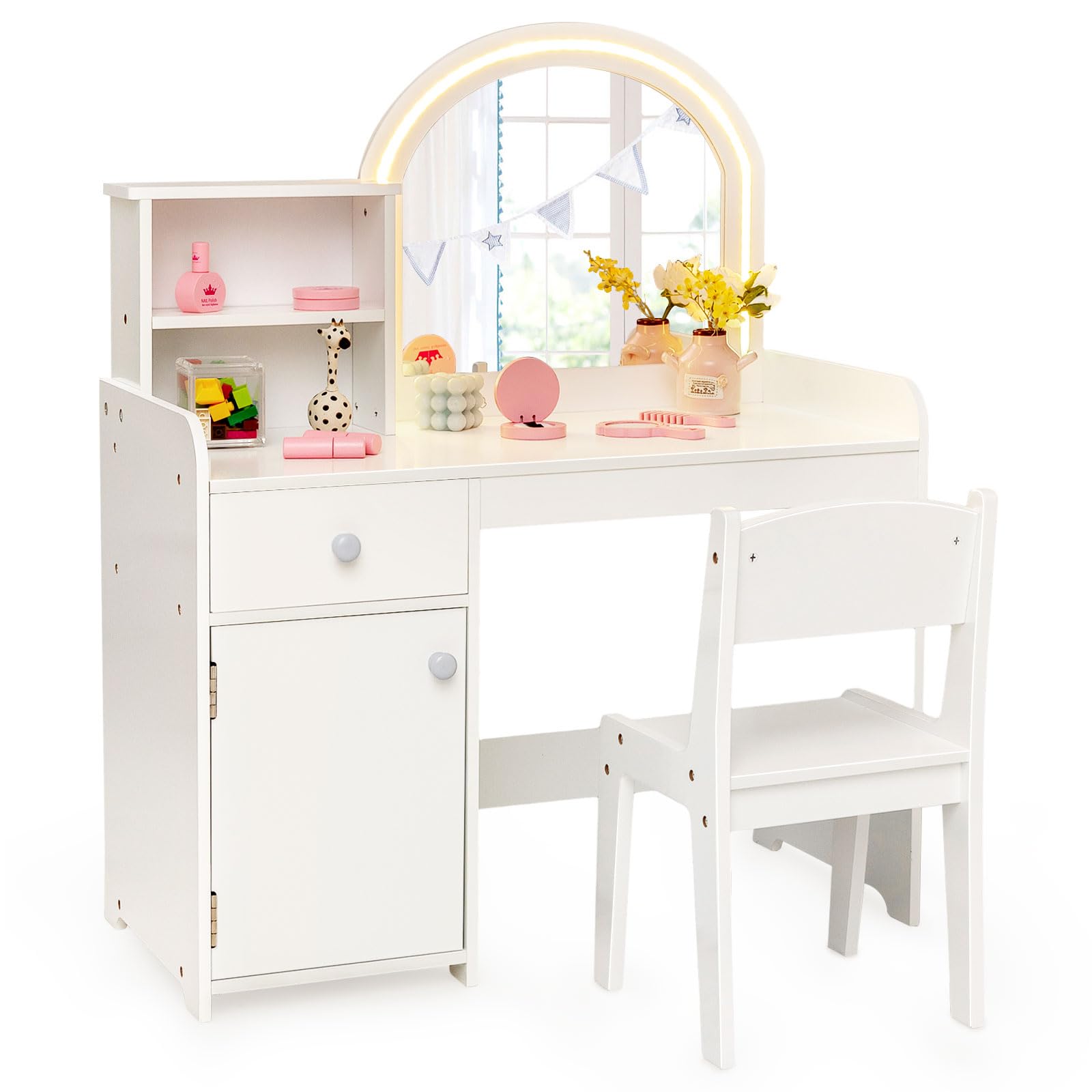 INFANS Kids Vanity, Princess Makeup Desk and Chair Set with Lights Mirror, Pretend Play Vanity Set for Toddler Girls