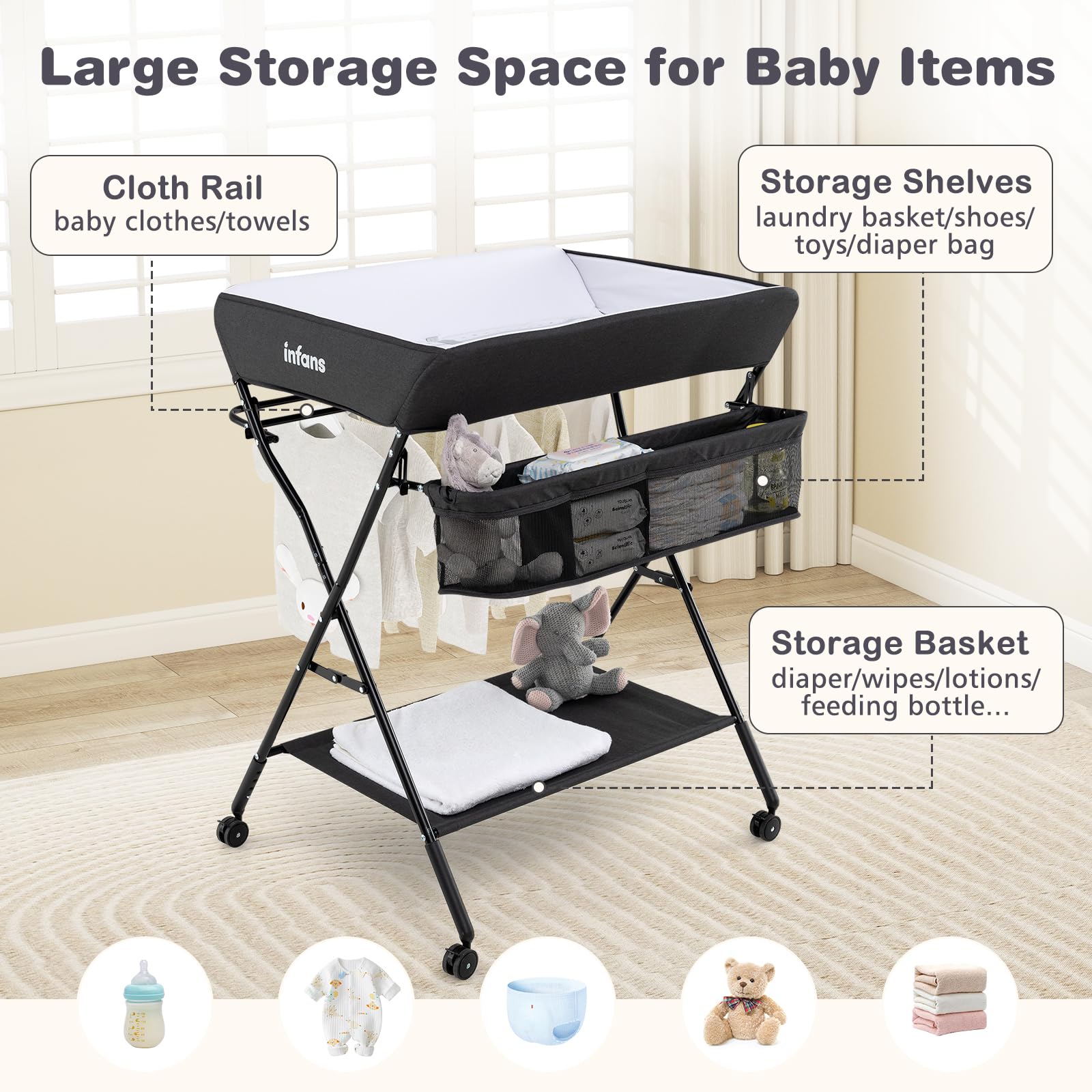 INFANS Baby Changing Table with Wheels, Portable Folding Diaper Station Nursery Organizer with Adjustable Height