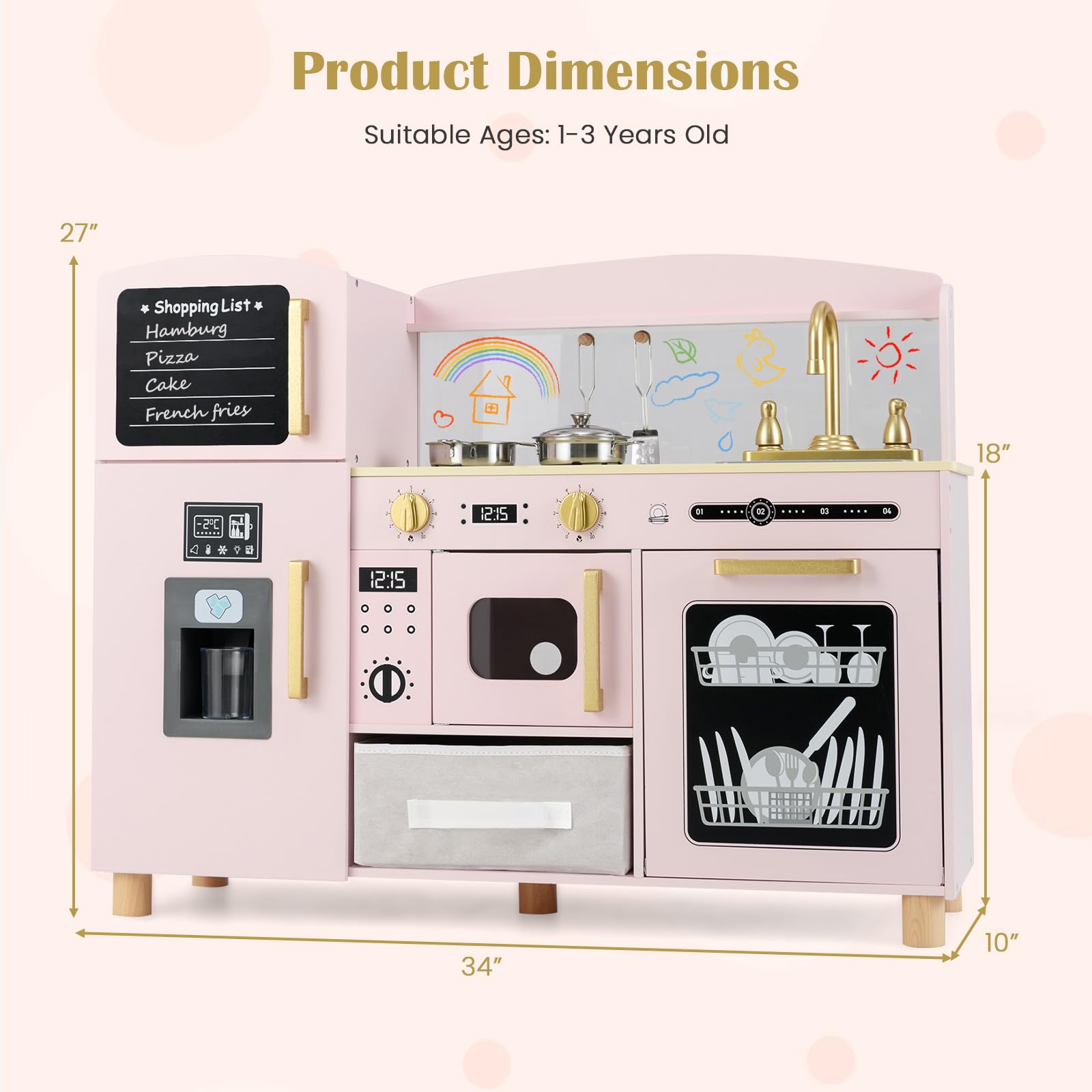 INFANS Kids Kitchen Playset, Toddler Wooden Pretend Cooking Toy Set with Acrylic Drawing Board Ice Machine Dishwasher