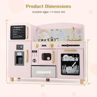 INFANS Kids Kitchen Playset, Toddler Wooden Pretend Cooking Toy Set with Acrylic Drawing Board Ice Machine Dishwasher