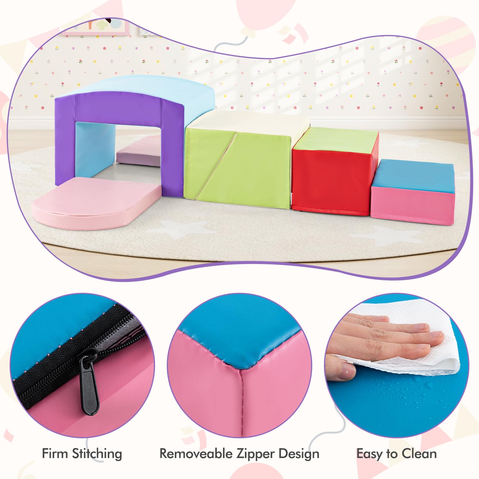 INFANS Climbing Toys for Toddlers, 7 Piece Indoor Baby Foam Blocks Soft Play Set with PU Leather