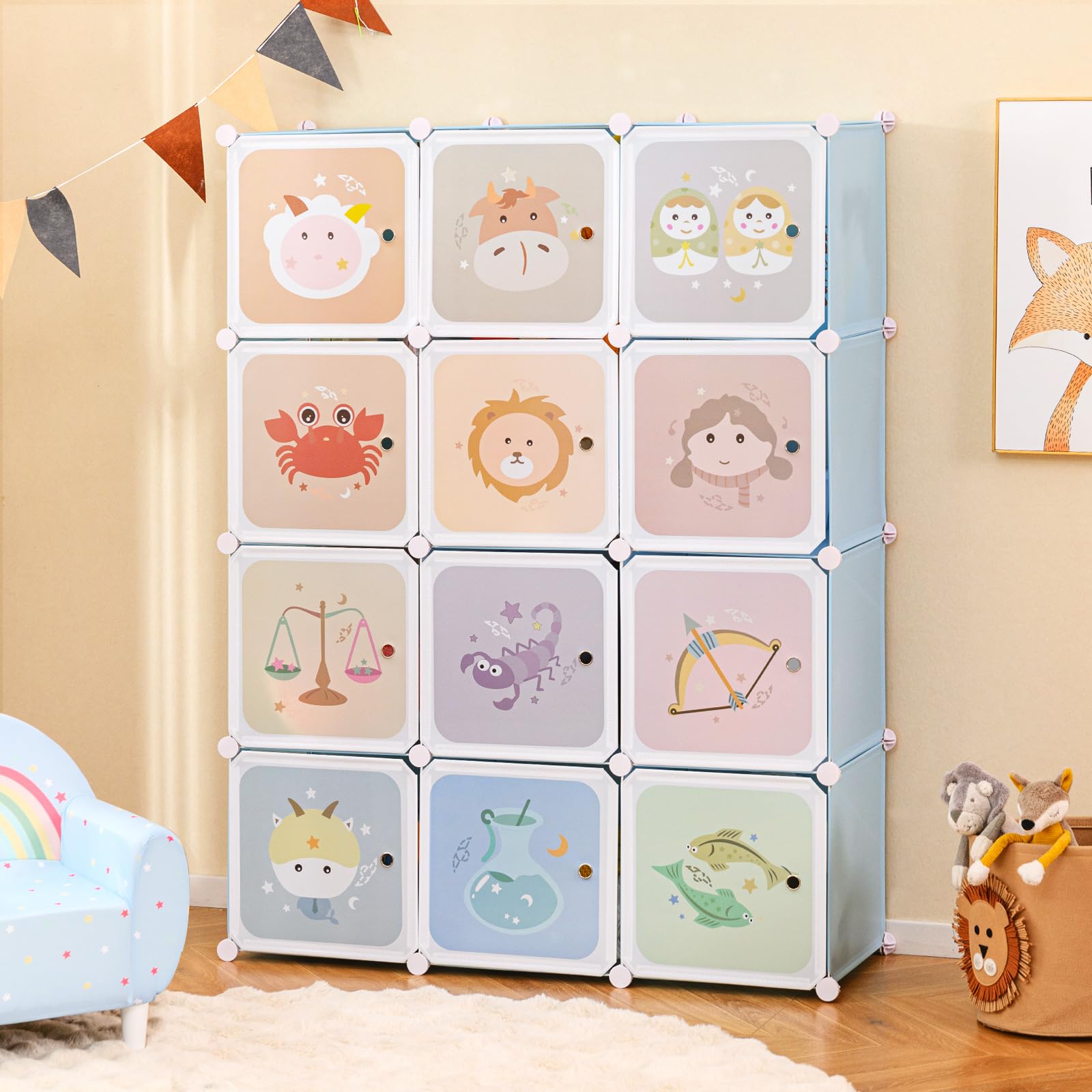 INFANS Children Wardrobe, Kid Closet Portable Baby Dresser Cute for Kids Bedroom Nursery Armoire with Doors
