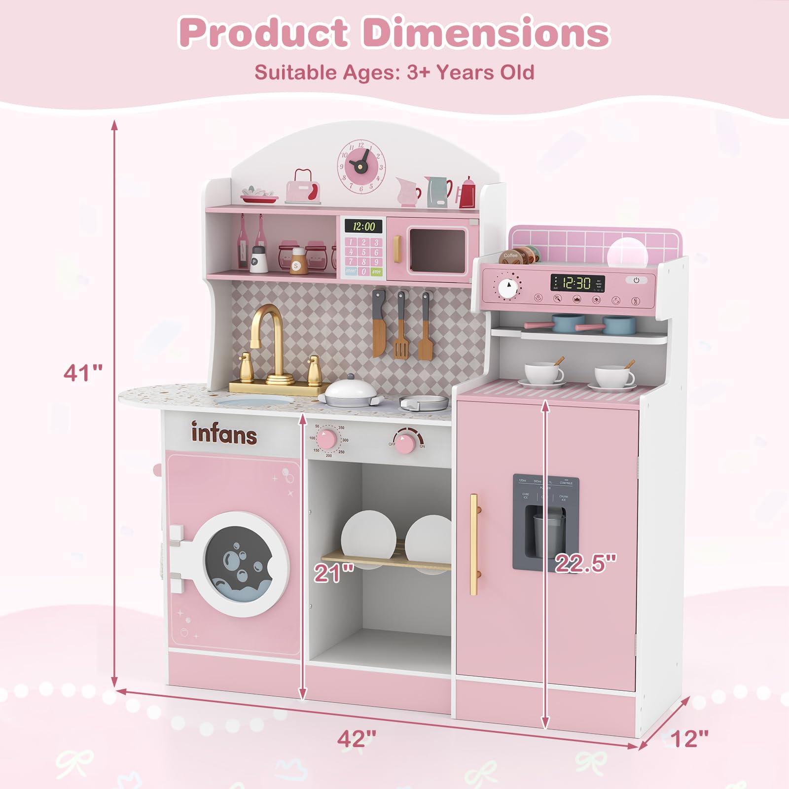 INFANS Kids Kitchen Playset, Toddler Wooden Kitchen Pretend Cooking Toy Set with Coffee Maker