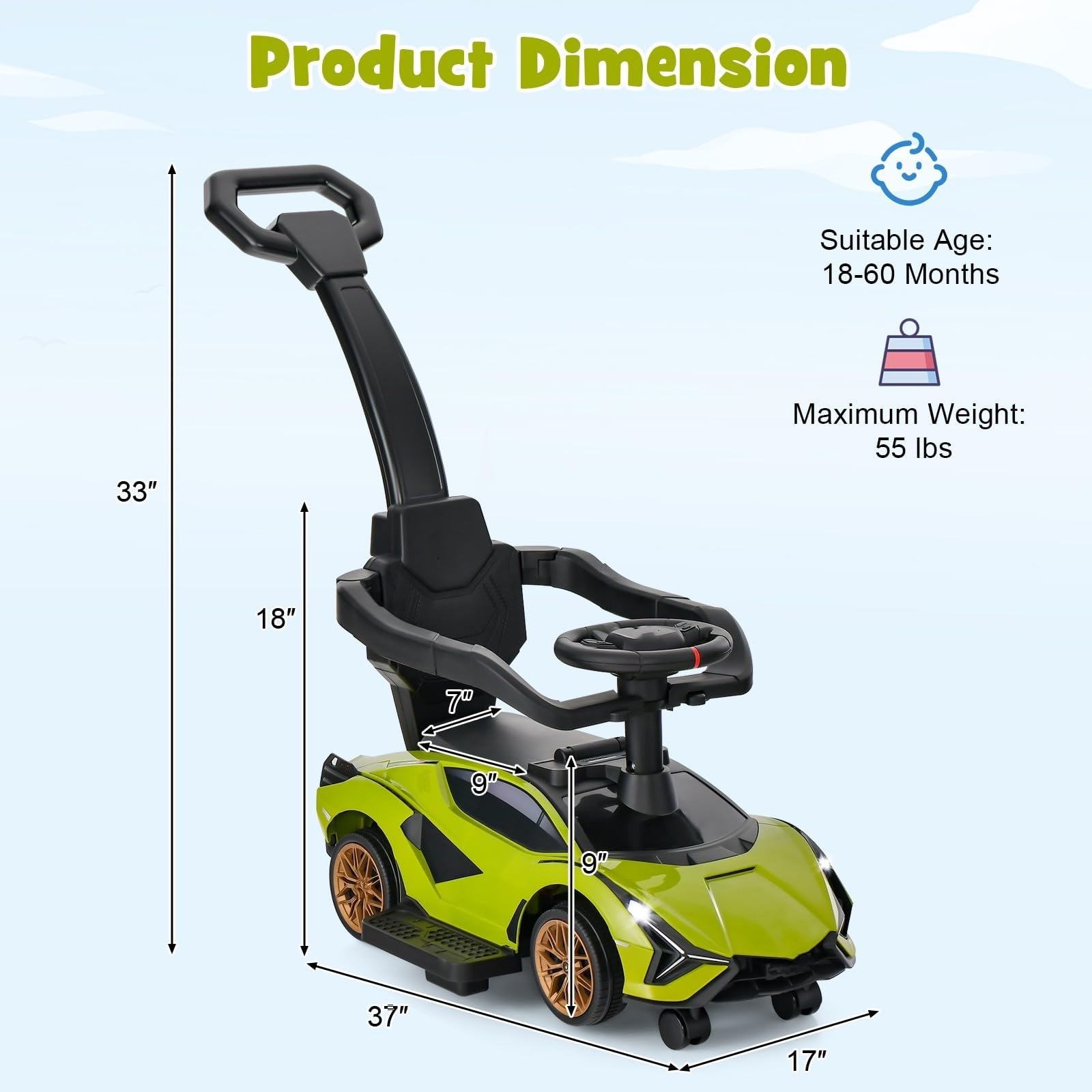 INFANS 3 in 1 Ride on Push Car, Licensed Lamborghini Baby Stroller Sliding Walking Car with Push Handle