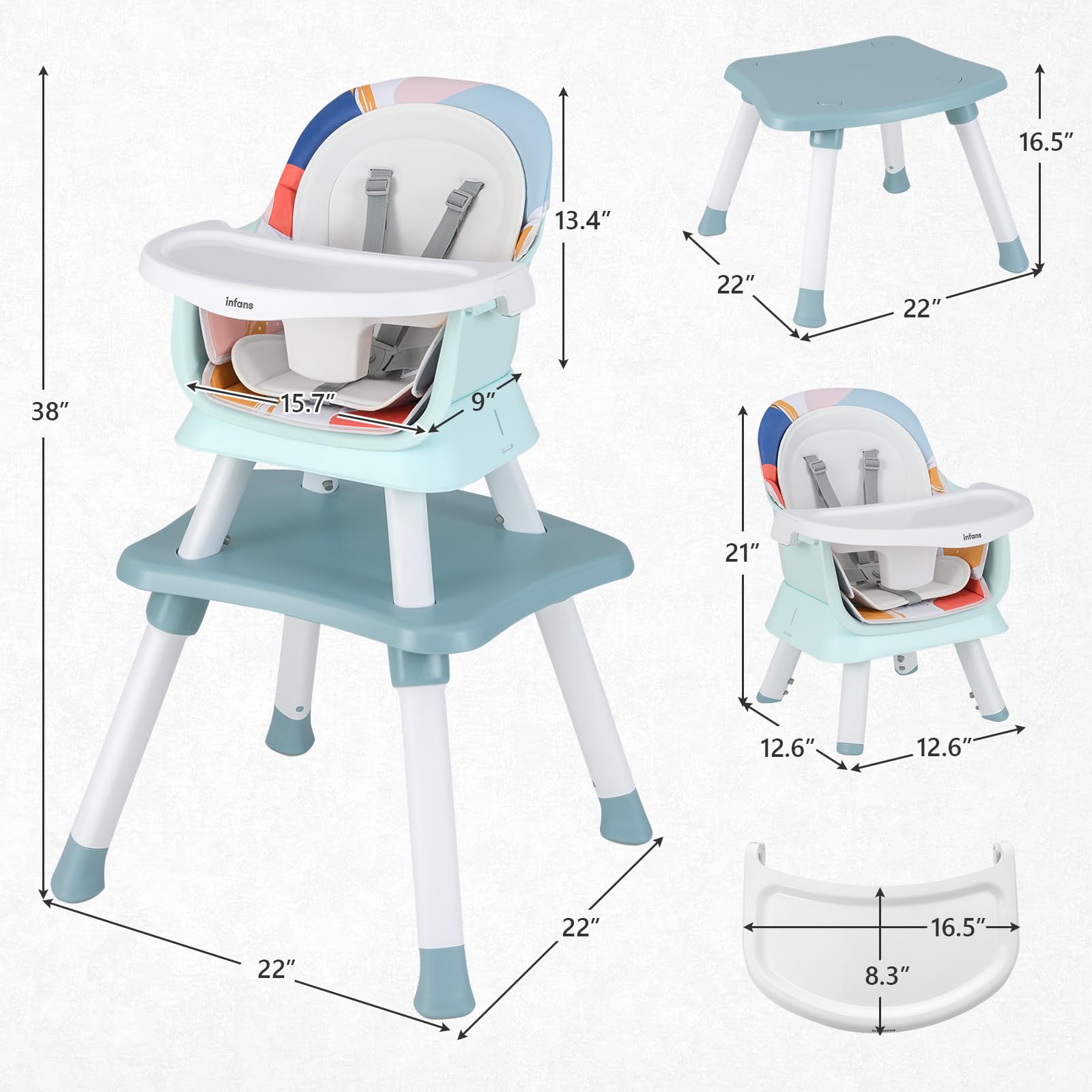 INFANS 8 in 1 Baby High Chair, Convertible Highchair for Babies and Toddlers, Infant Dining Booster Seat, Kids Stool Table Chair Set