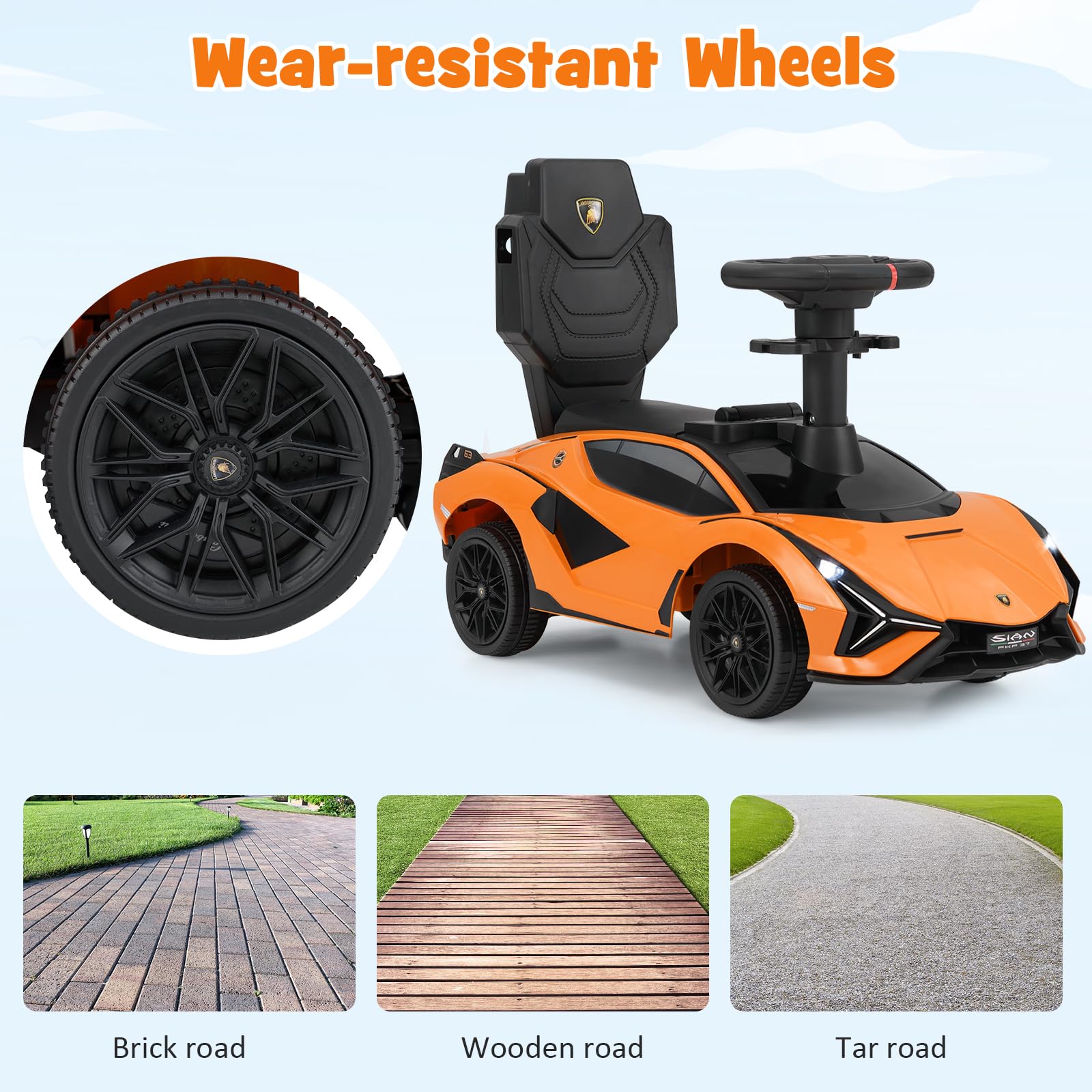 INFANS 3 in 1 Ride on Push Car, Licensed Lamborghini Baby Stroller Sliding Walking Car with Push Handle