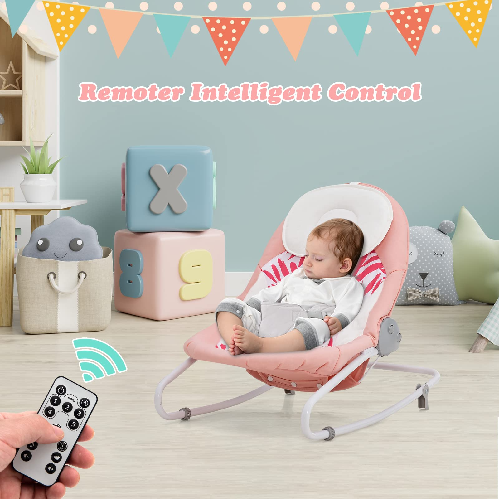 INFANS 2 in 1 Baby Swing and Bouncer for Infants, Portable Newborn Rocker with 5 Speed Sway Music Timing 2 Toys Remote Control, Easy Fold, Compact Electric Baby Swing for 0-6 Months Boy Girl INFANS