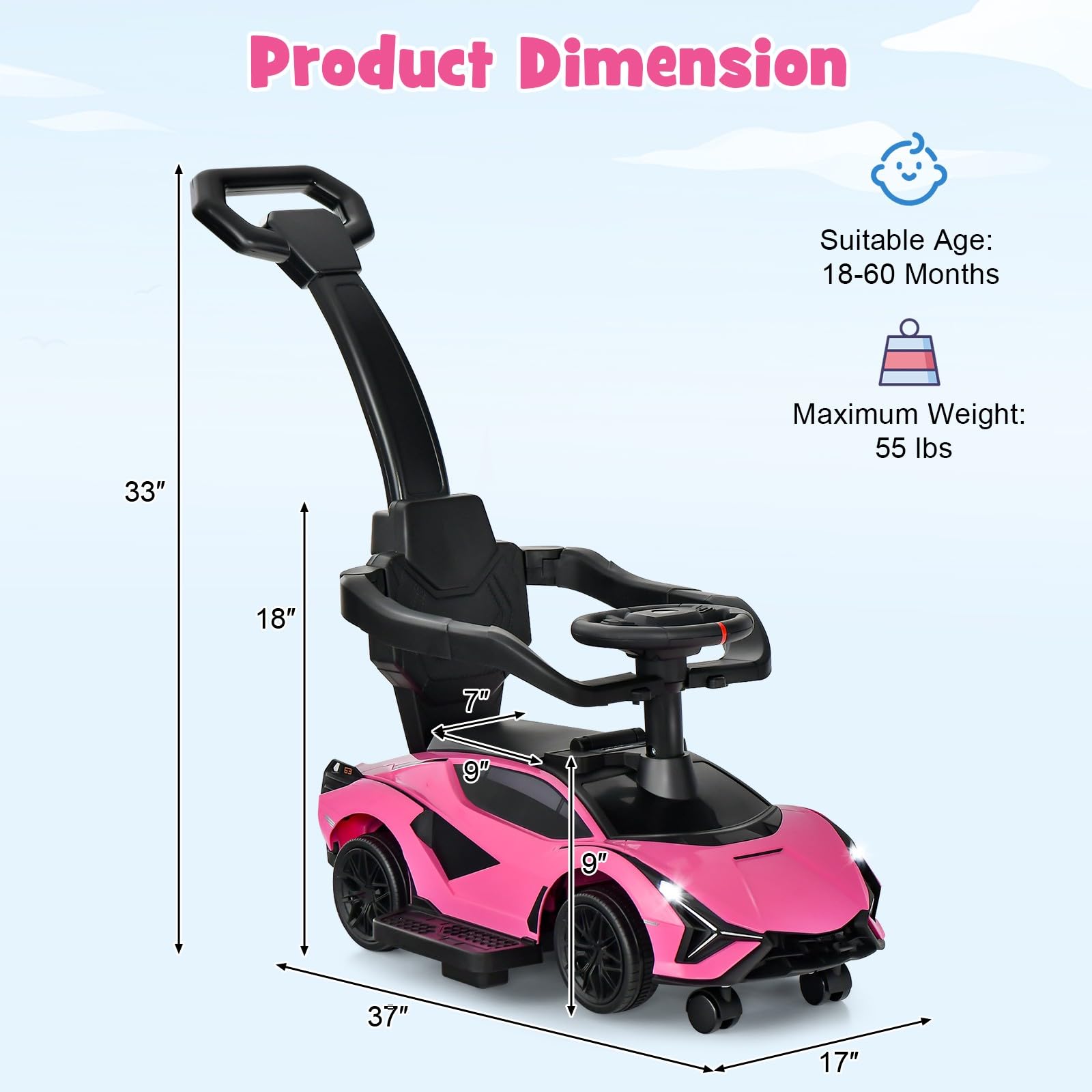 INFANS 3 in 1 Ride on Push Car, Licensed Lamborghini Baby Stroller Sliding Walking Car with Push Handle