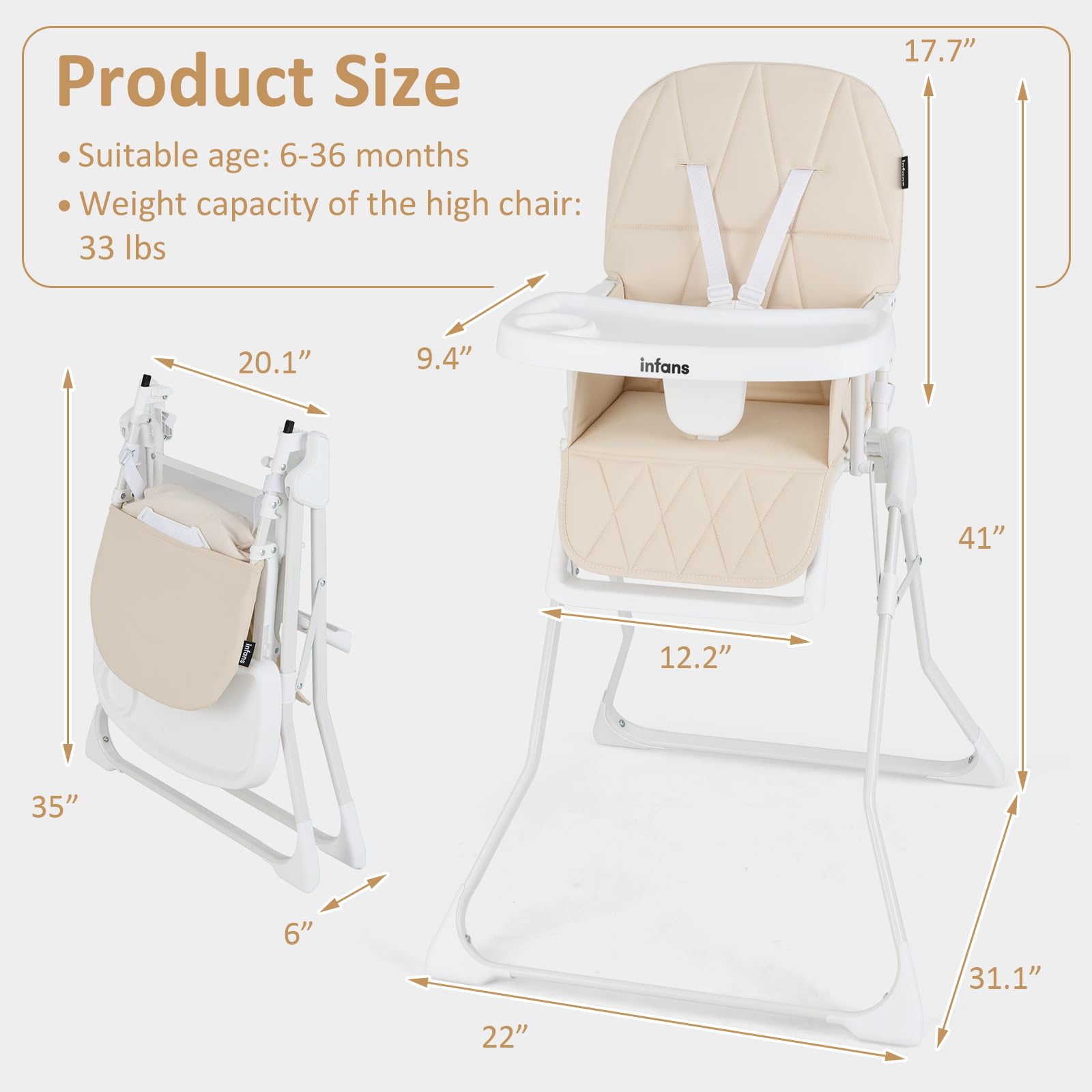 INFANS Baby High Chair, Quick Folding Portable Highchair for Babies and Toddlers with Adjustable Footrest Removable Dishwasher Tray PU Seat