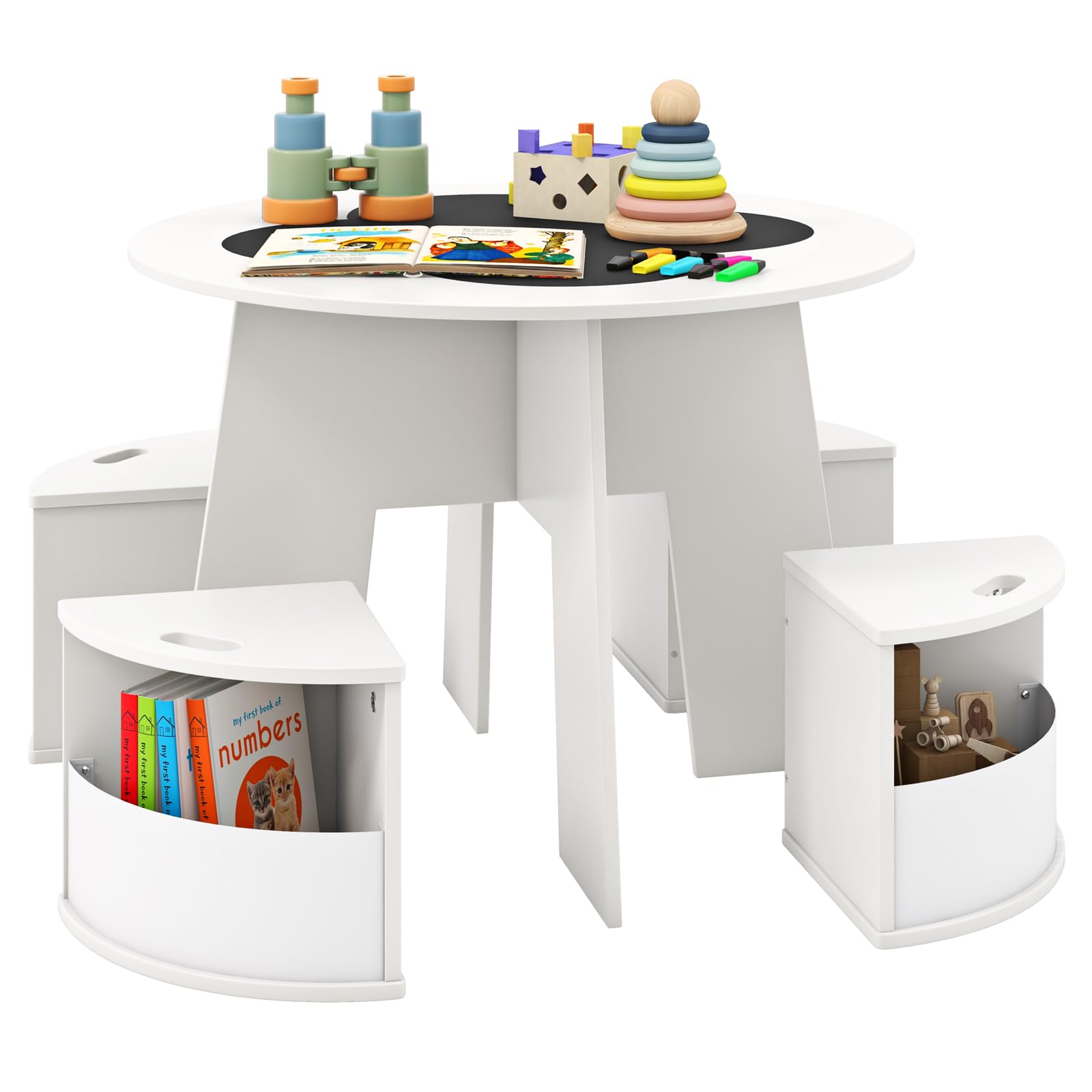 INFANS Toddler Table and Chair Set with 4 Storage Stools, Wooden Flower Shaped Nesting Table with Blackboard Drawers