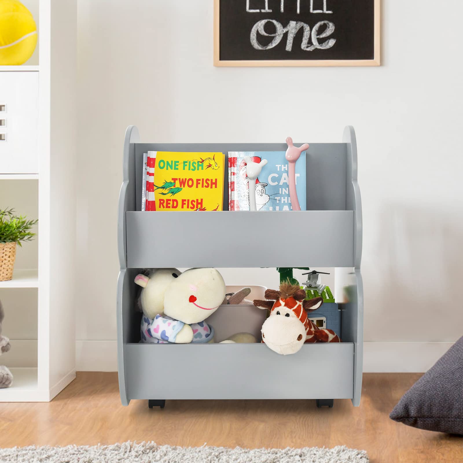 INFANS Kids Bookshelf with Wheels, Wooden Bookcase Toy Storage Cabinet Organizer Holder