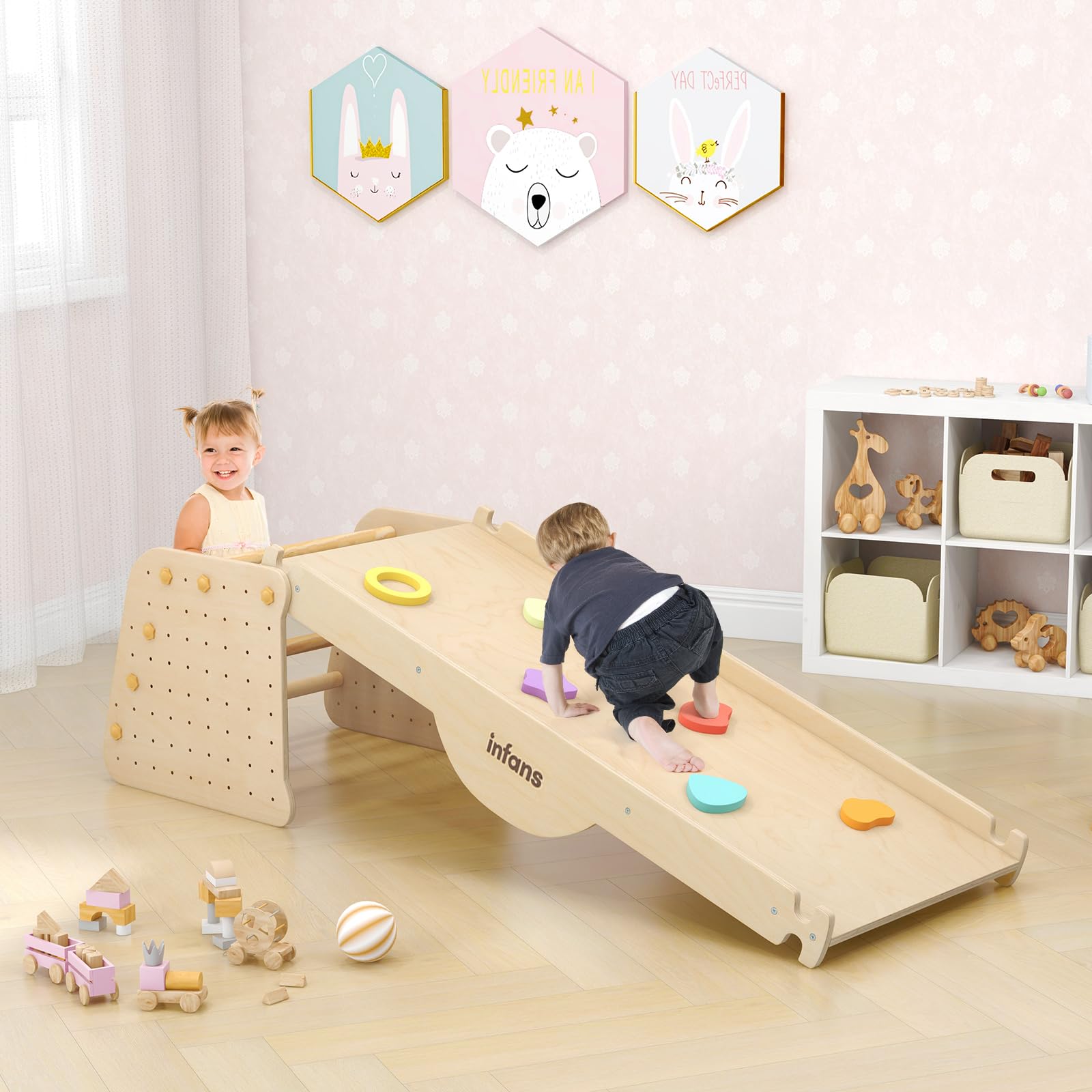 INFANS 7 in 1 Climbing Toys for Toddlers, Upgrade Wooden Montessori Cube Climber Set with Reversible Ramp Slide