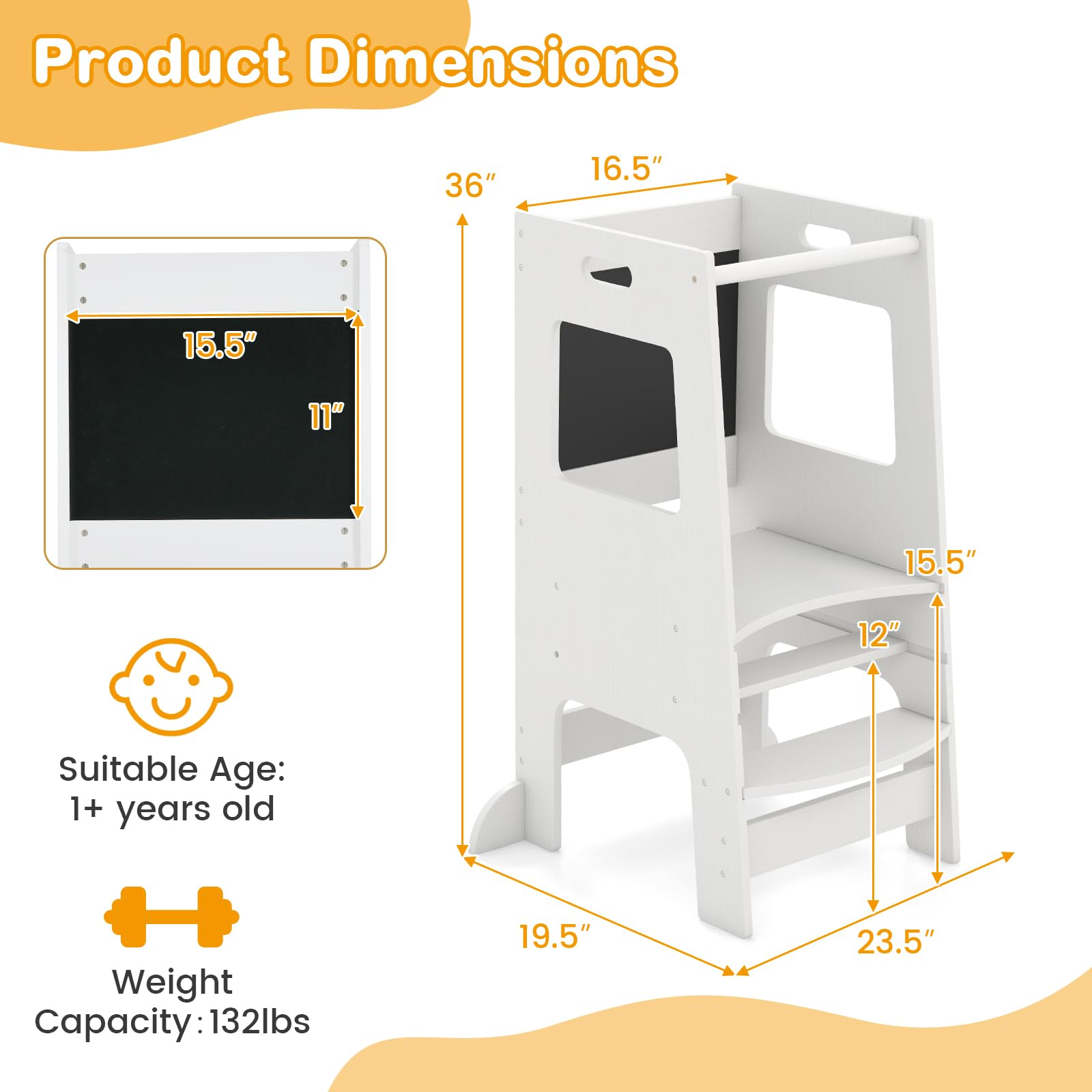 INFANS Toddler Standing Tower, Kids Montessori Kitchen Step Stool Helper with 2 Adjustable Height Learning Blackboard Safety Rail