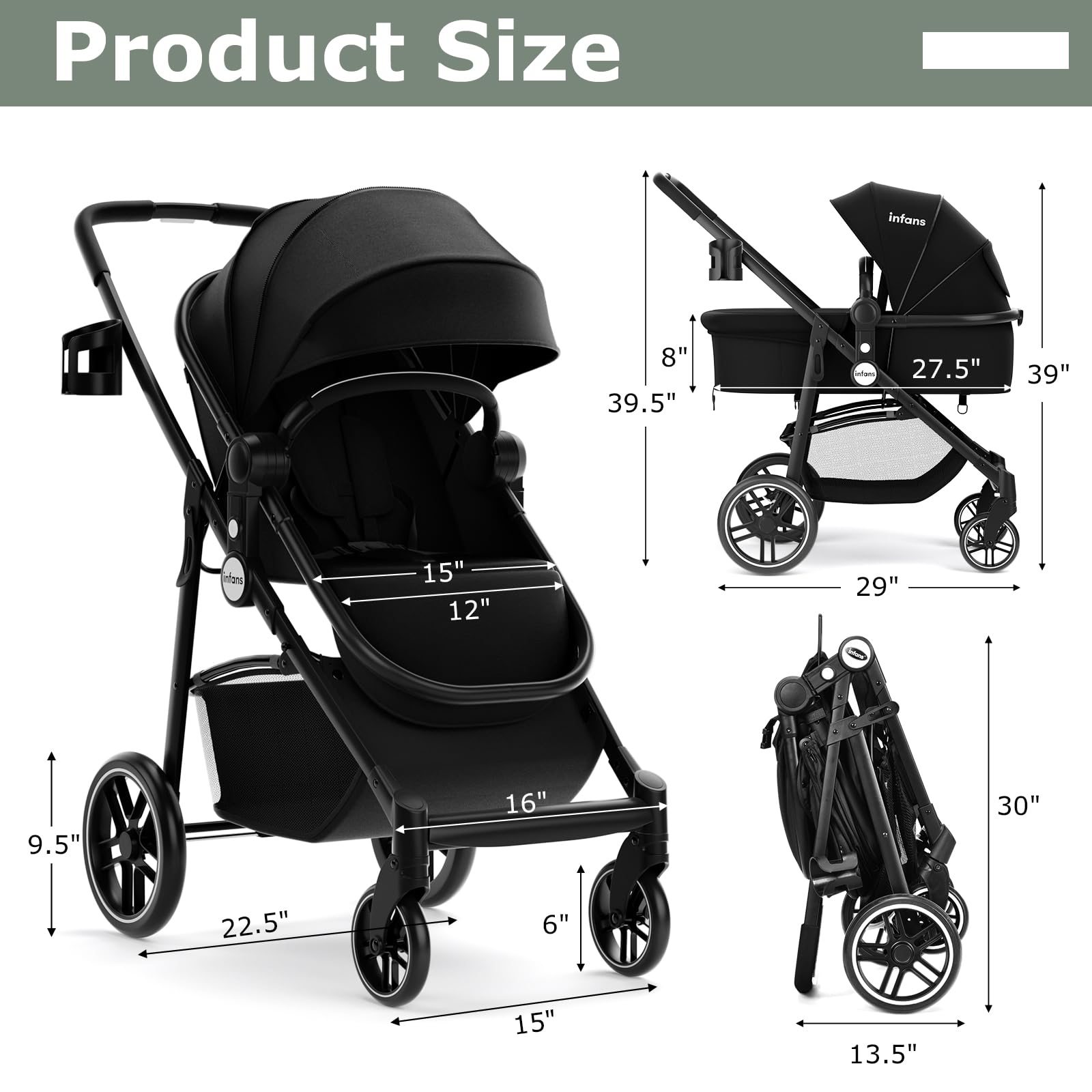 INFANS 2 in 1 Baby Stroller, High Landscape Infant Stroller, Foldable Pushchair