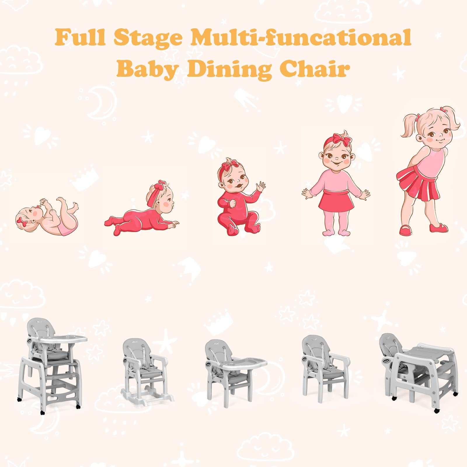 INFANS 5 in 1 Baby High Chair, Convertible Toddler Table Chair Set, Rocking Chair, Multi-Function Seat with Lockable Universal Wheels