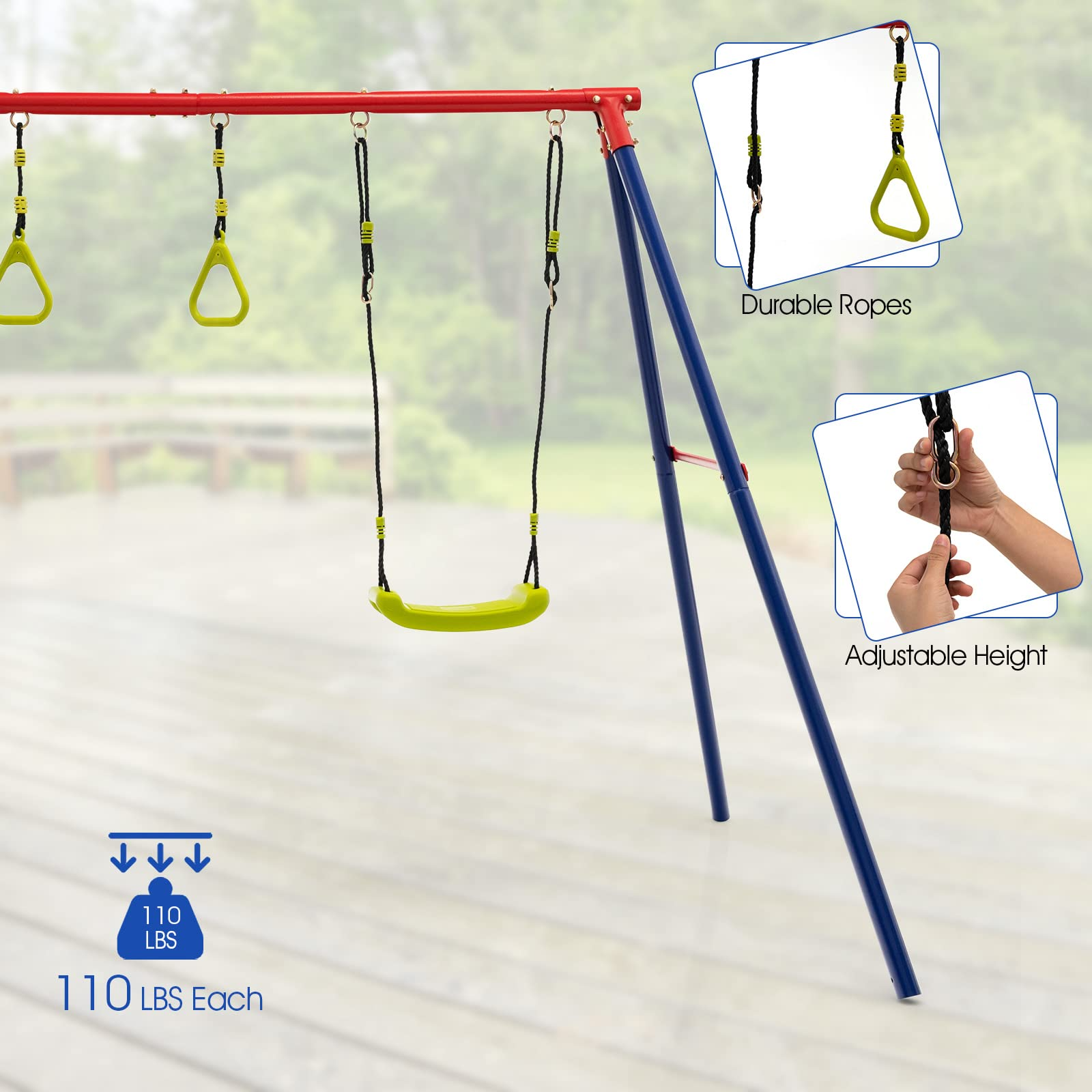 OLAKIDS 440lbs Swing Set, Outdoor 3 in 1 A-Frame Heavy Duty Metal Stand for Kids and Adults, Backyard Playground Activity Playset with Swing Seat, Glider, Trapeze Rings for Toddlers INFANS