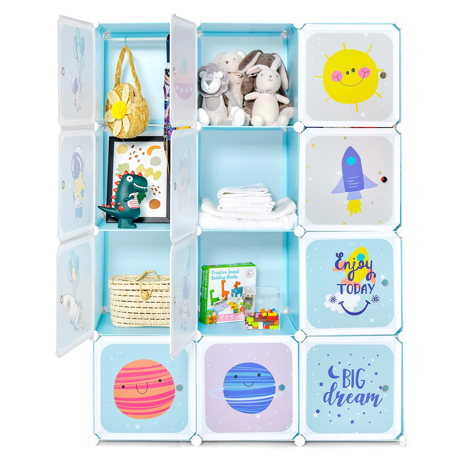 INFANS Children Wardrobe, Cute for Kids Bedroom Nursery Armoire with 12 Cube, Kid Clothes Storage Organizer