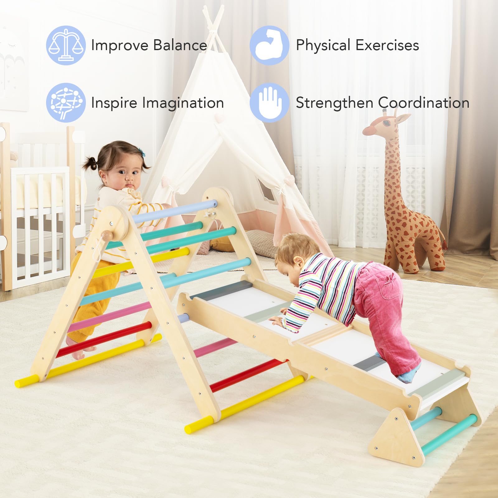 INFANS Pikler Triangle Set 7 in 1 Climbing Toys for Toddlers Foldable Baby Wood Montessori Jungle Gym